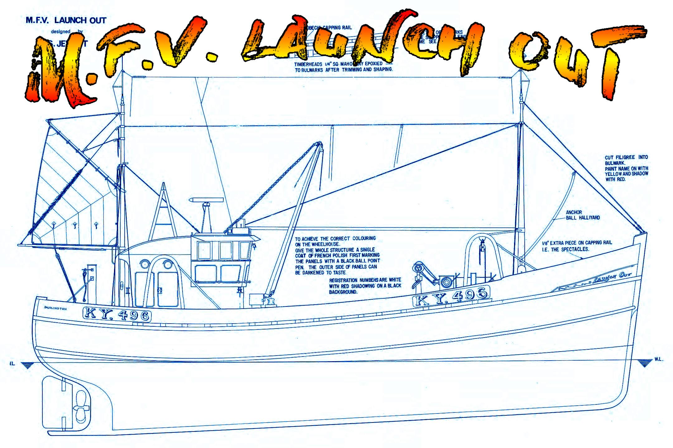 full size printed plans & article to build a motor fishing vessel scale 1:24  length 27 ½” m.f.v. launch out
