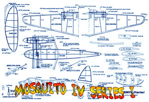 full size printed plan mosquito iv series i scale 1:27  wingspan 24"  twin rubber power