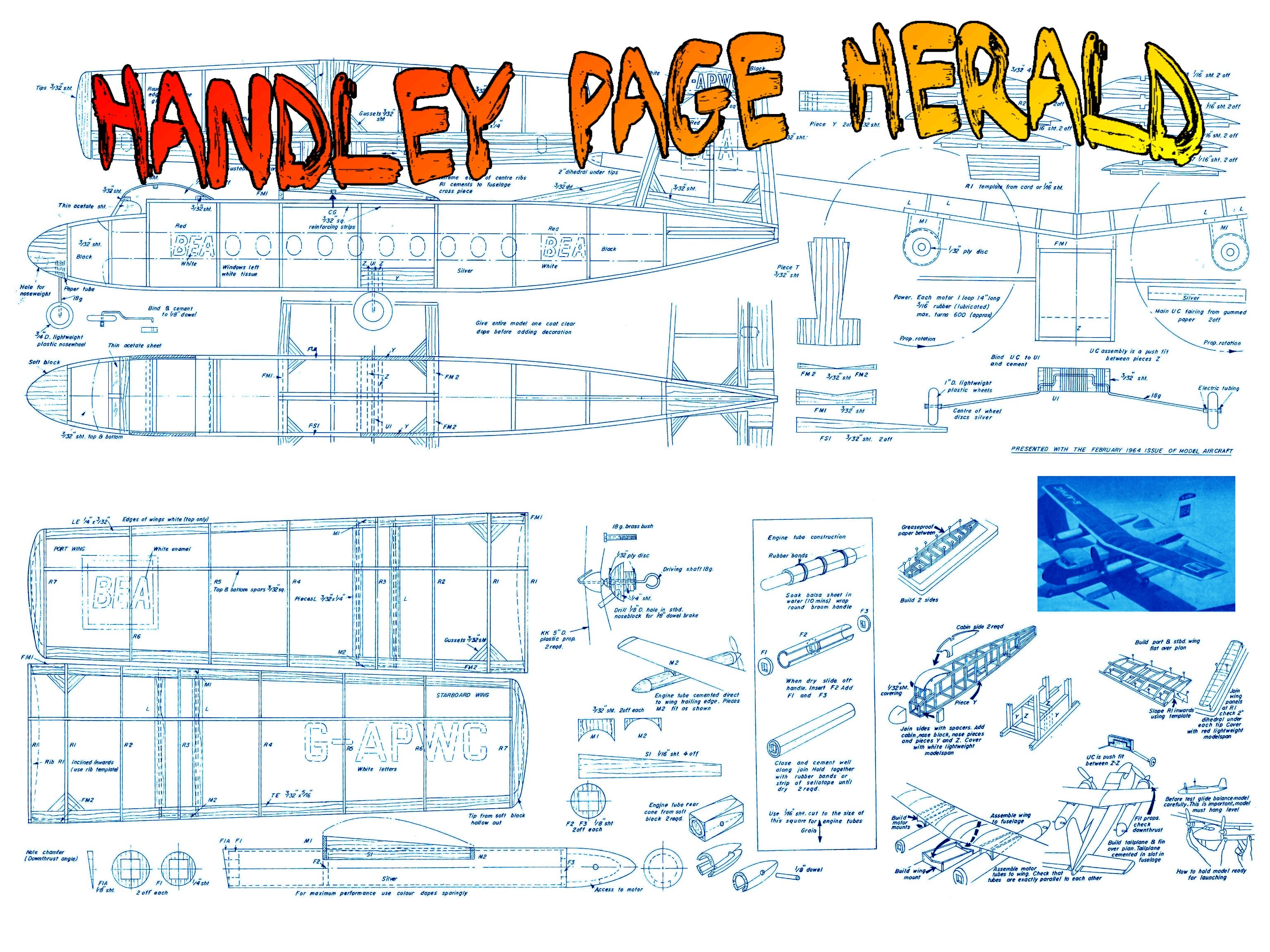 full size printed plans handley page herald semi-scale 1:42  wingspan 27”  power twin rubber