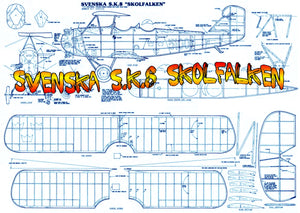 full size printed plan svenska s.k.8 skolfalken scale 1:16 (¾”=1ft)  wingspan 24 in.  power rubber