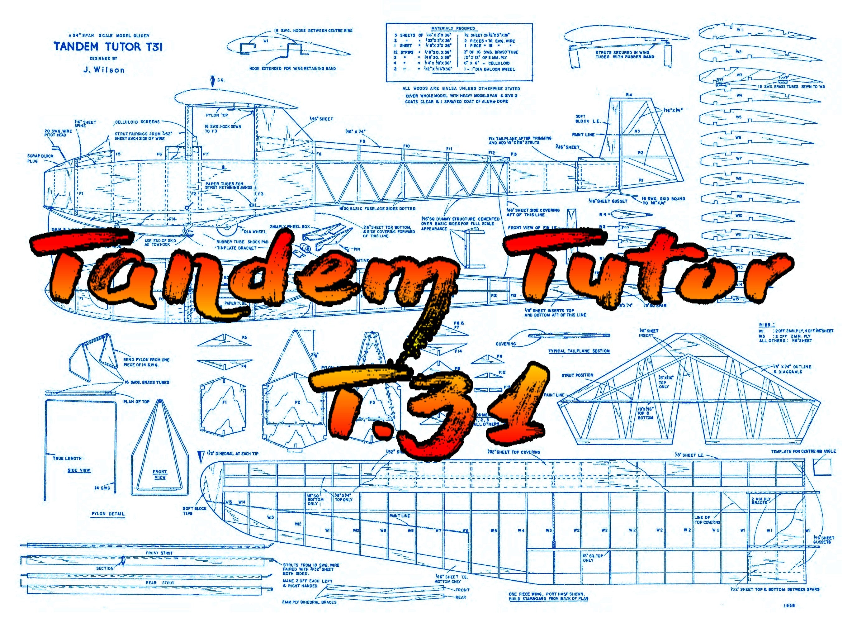 full size printed plan vintage 1958 slingsby tandem tutor (t.31) tow line glider wingspan 54”