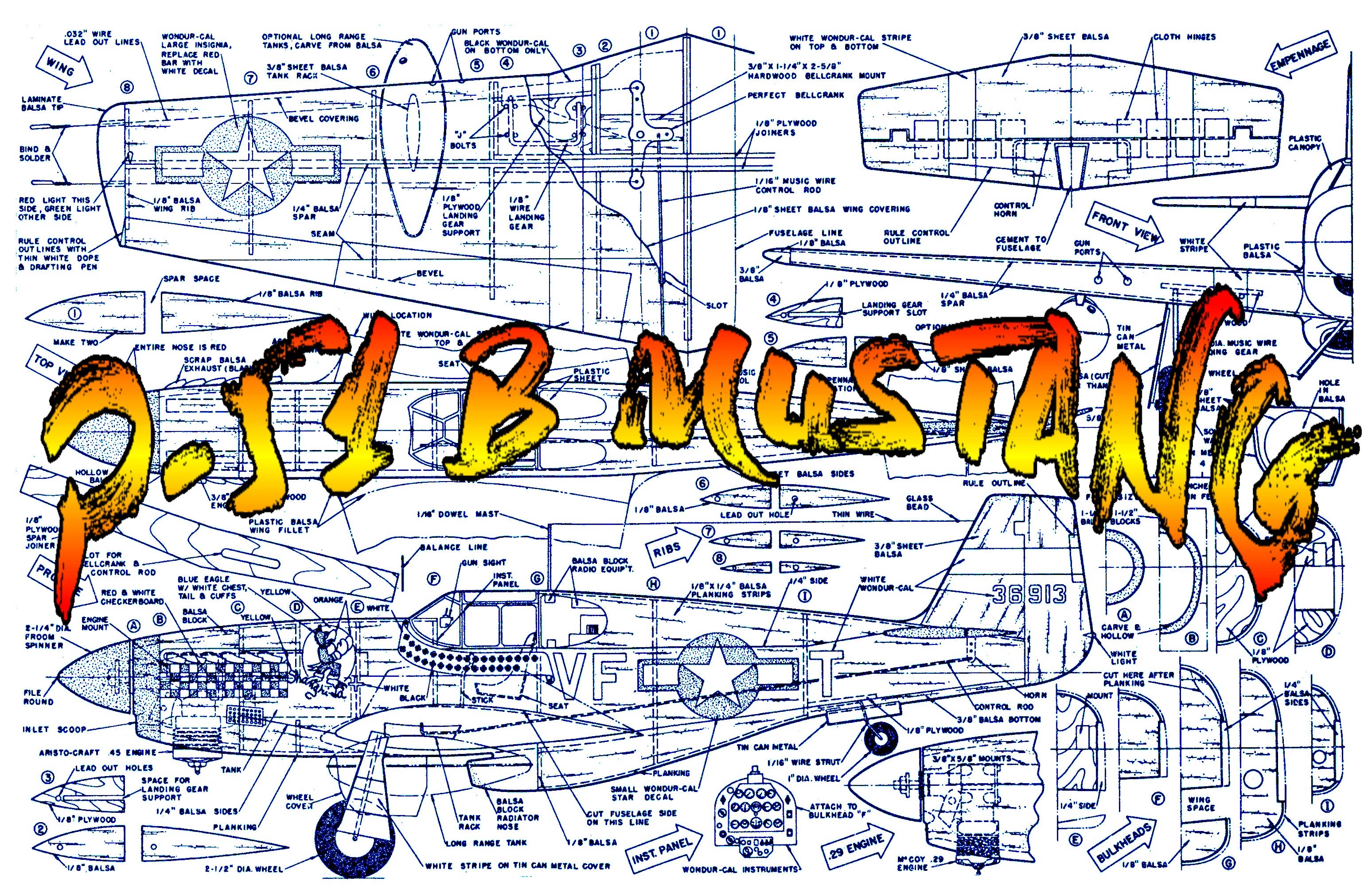 full size plans scale 1” = 1’ control line wing span 37” p-51 b mustang