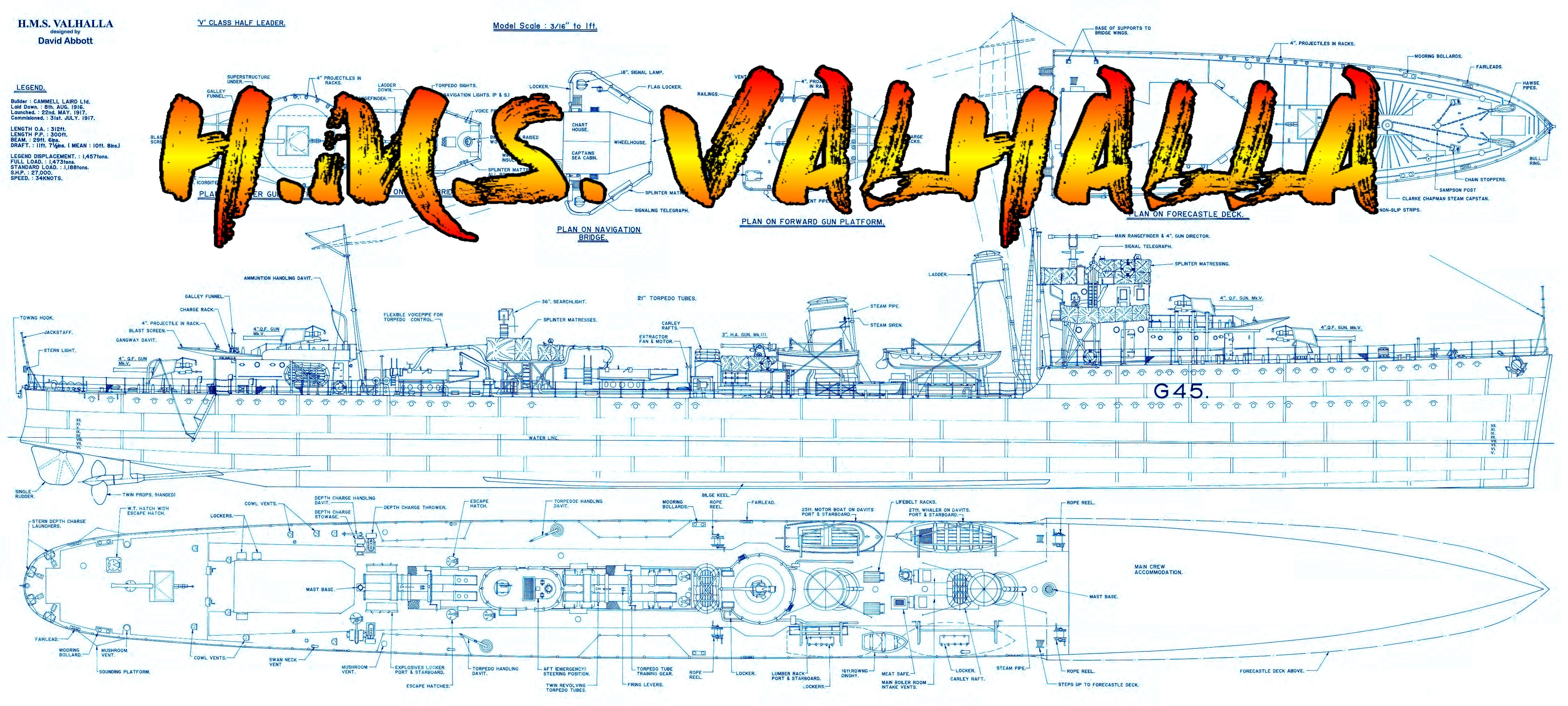 full size printed plans scale 3/16 in to 1ft. v&w destroyers length 58" suitable for radio control