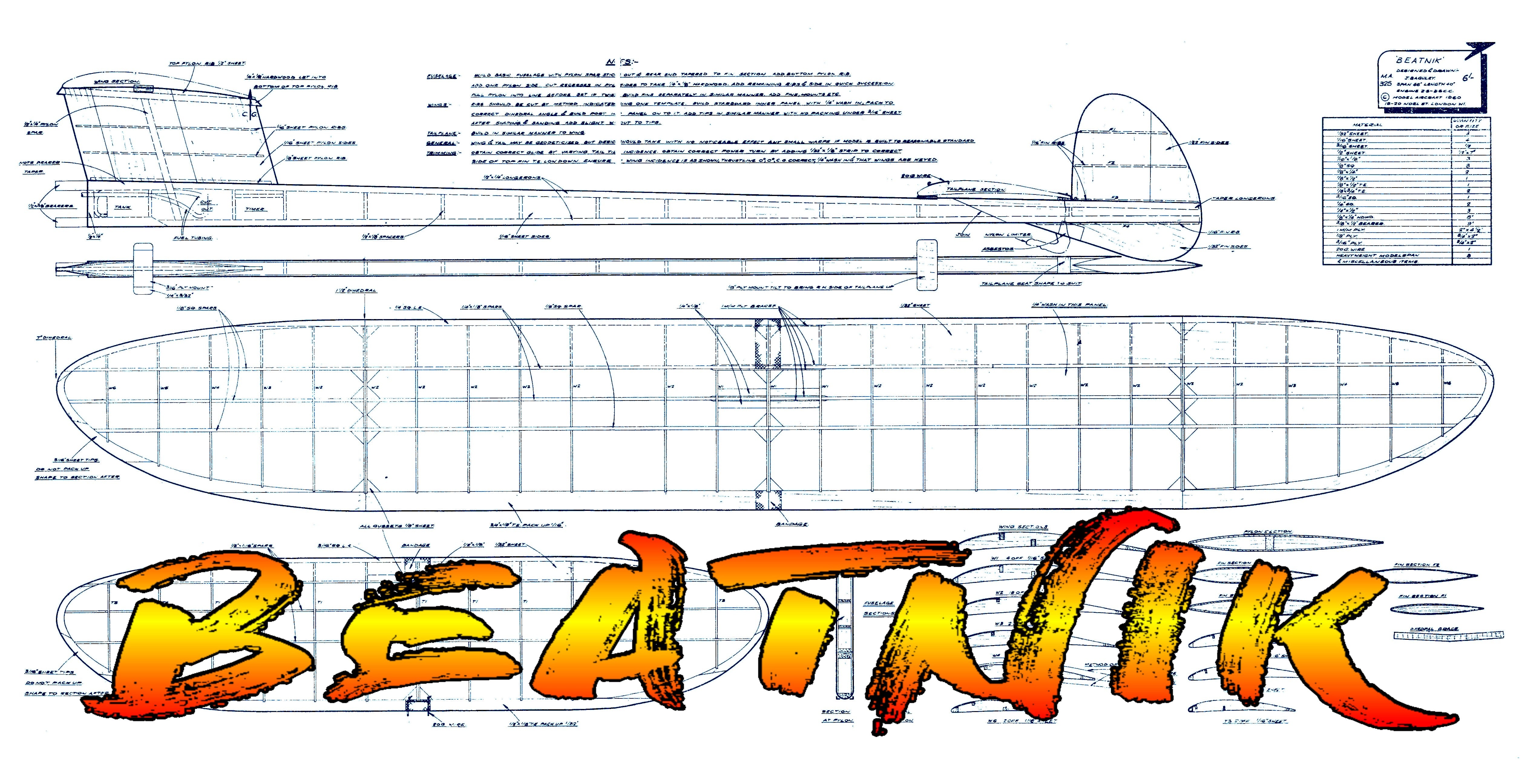 full size printed plan from 1960 freeflight beatnick  w/s 66" construction is very simple