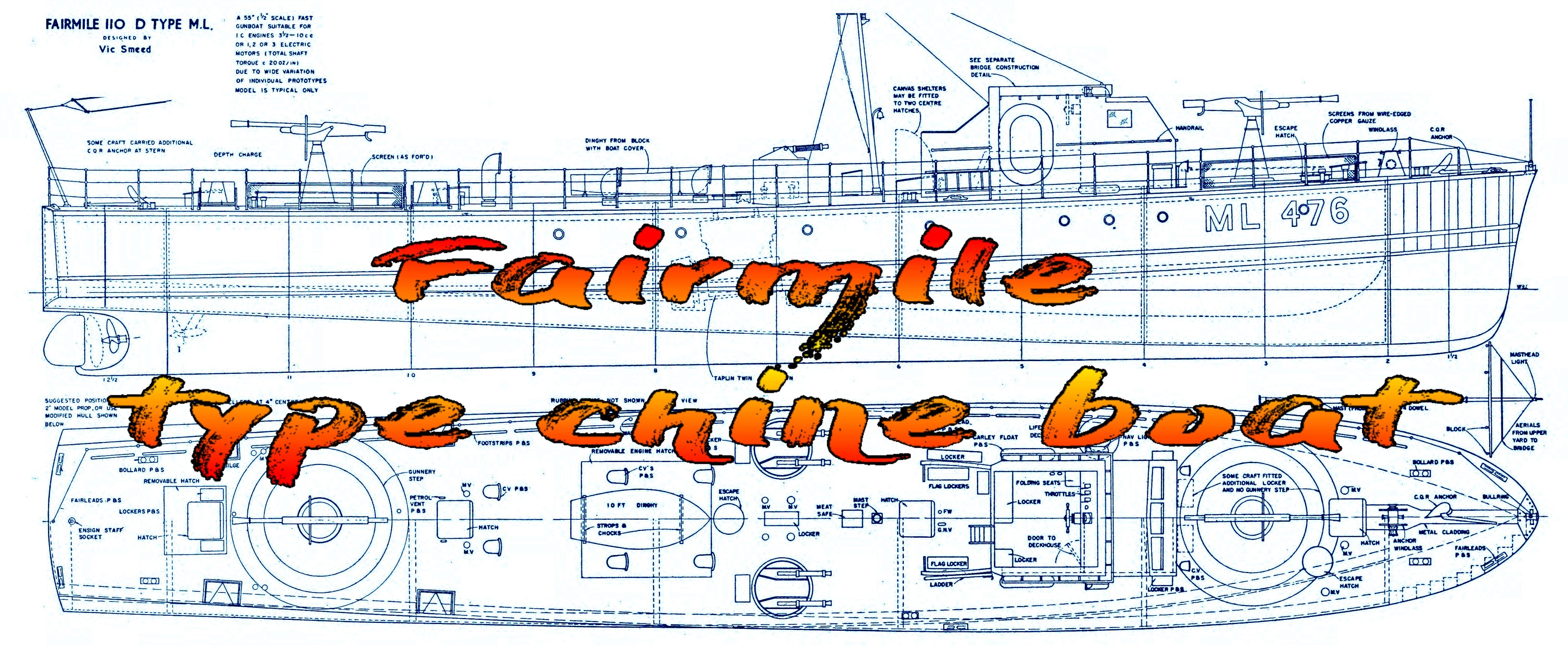 full size printed plans to build a scale 1/2 = 1ft  (1/24) lo.a. 55"  fairmile  type chine boat