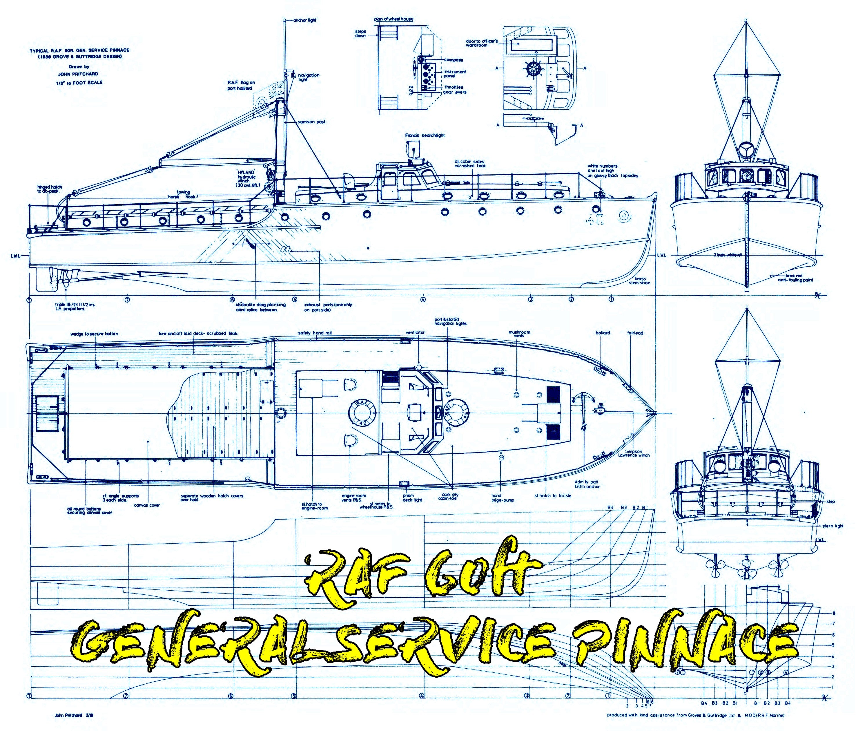 full size printed plans 60ft  general service pinnace scale 1/2” = 1 foot  l30”  b7 .375"  suitable for radio control