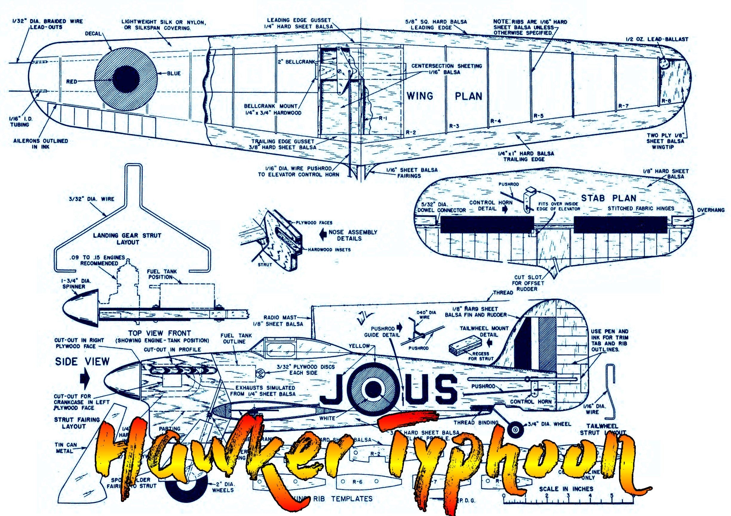 full size printed plan vintage 1957 control line combat  "hawker typhoon"  excellent performance,