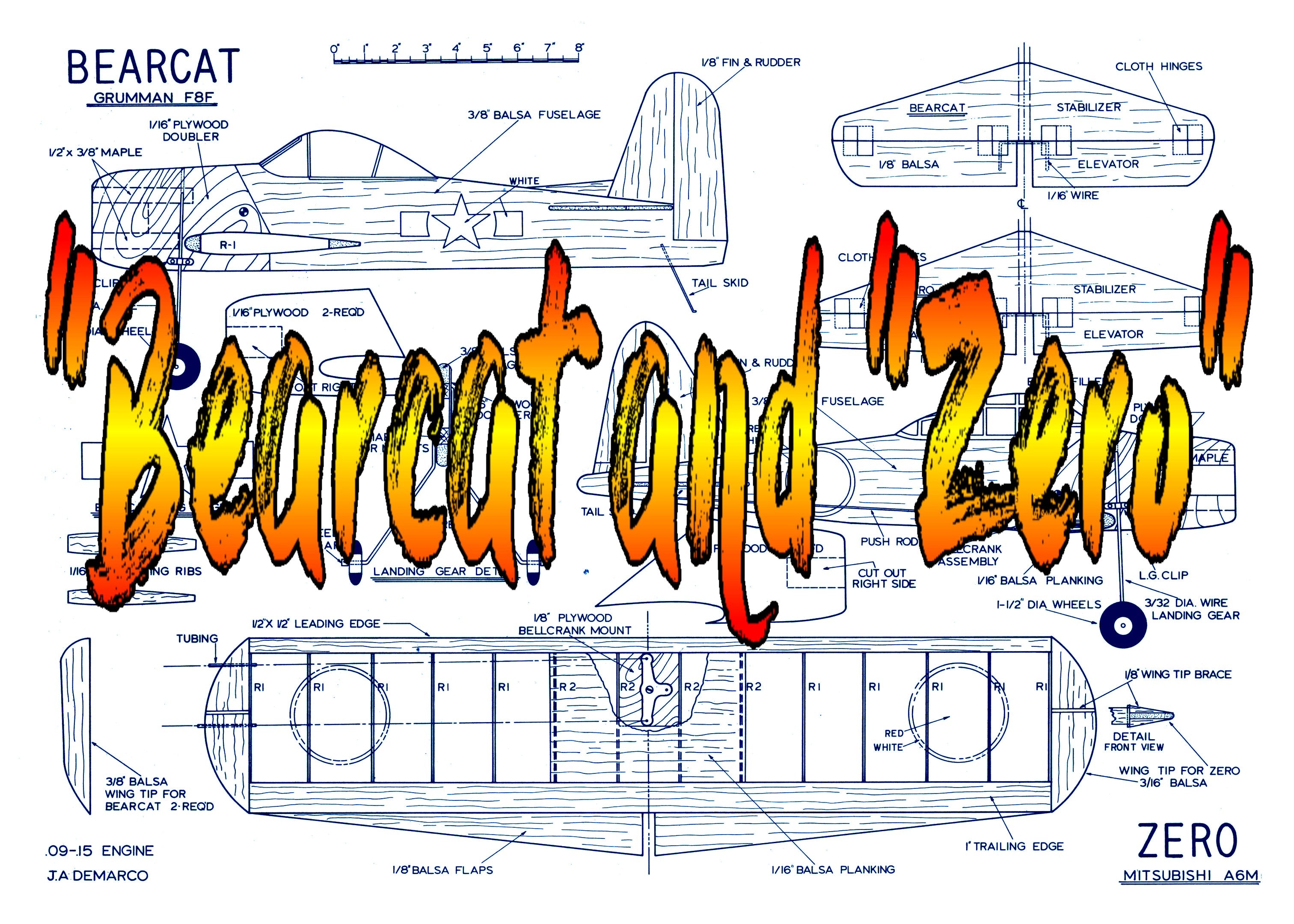 full size printed plan profile control line  "bearcat and a "zero" they build fast