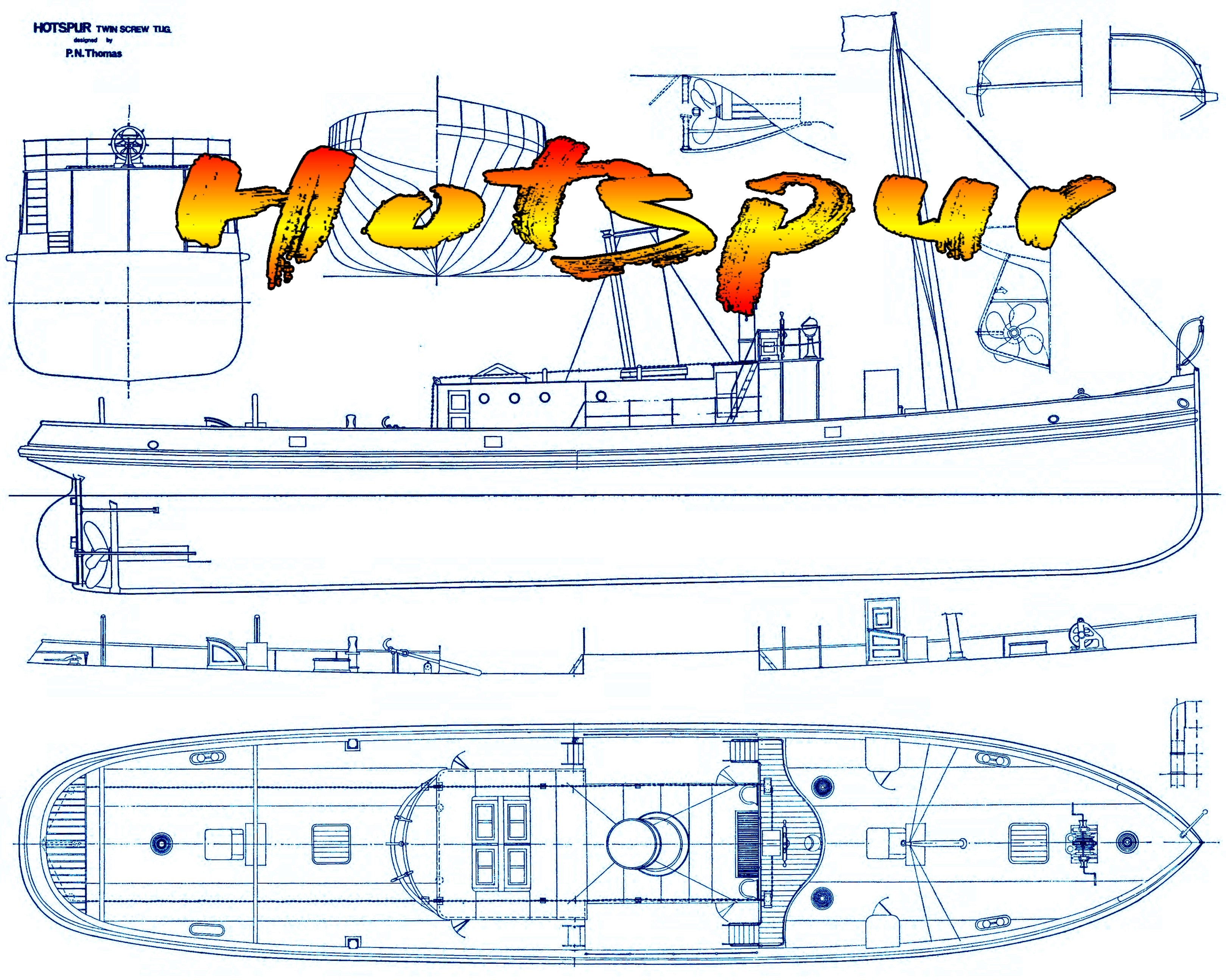 full size printed plans  scale 3/8 = 1ft (1/32) twin screw tug  l 43" suitable for radio control