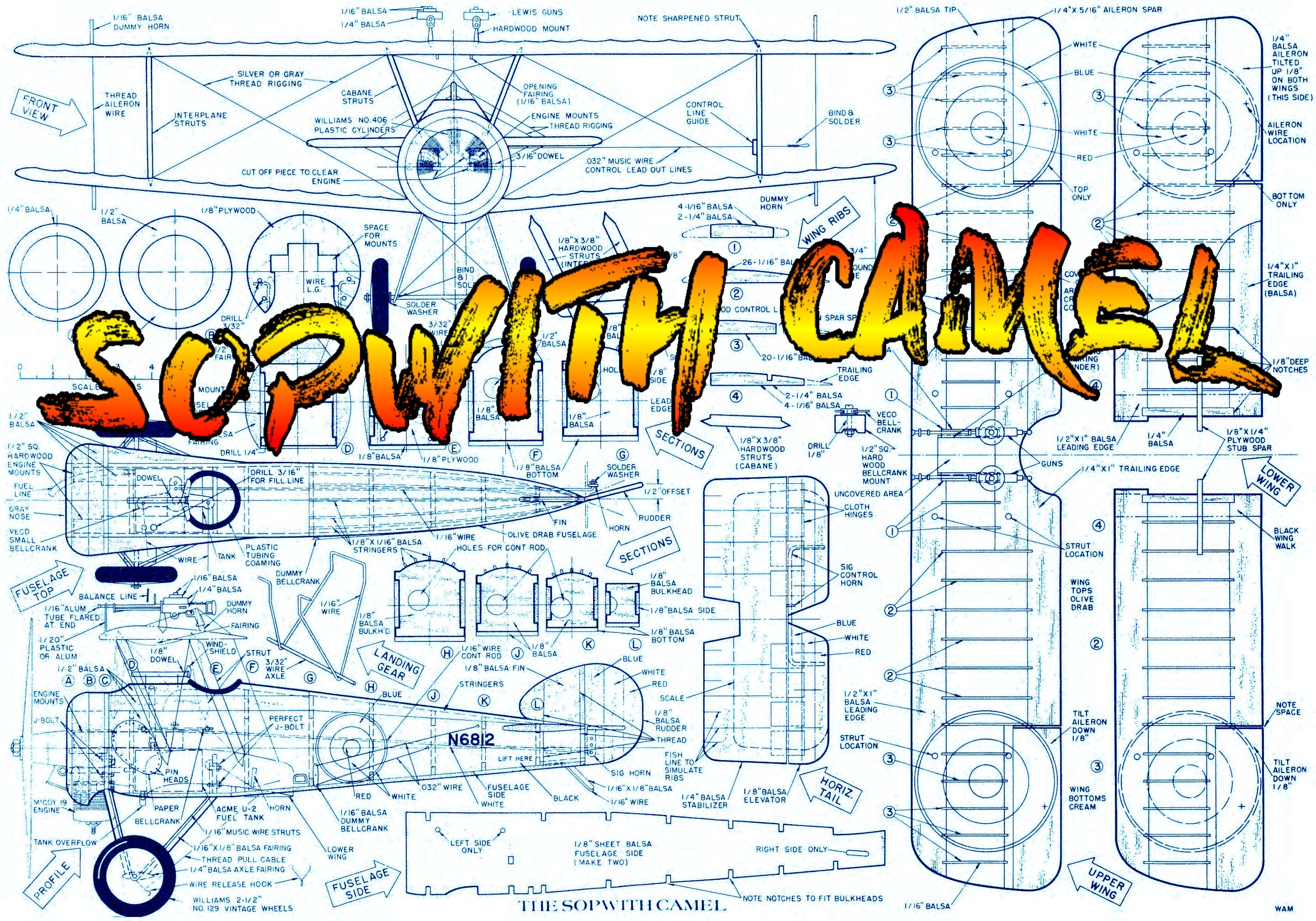 full size printed plans control line  standoff scale 1”= 1' sopwith camel wingspan 26 9/16”  engine .19