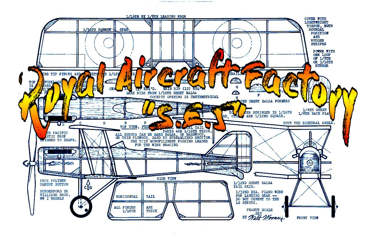 full size printed plans peanut scale "se.5" ideal rubber-powered bipe.