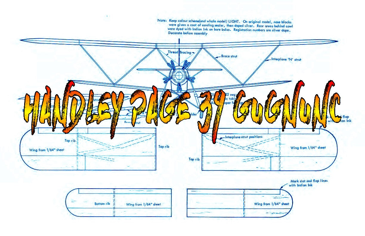 full size printed plans scale 1/32 "handley page 39 gugnunc" all sheet construction and rubber power