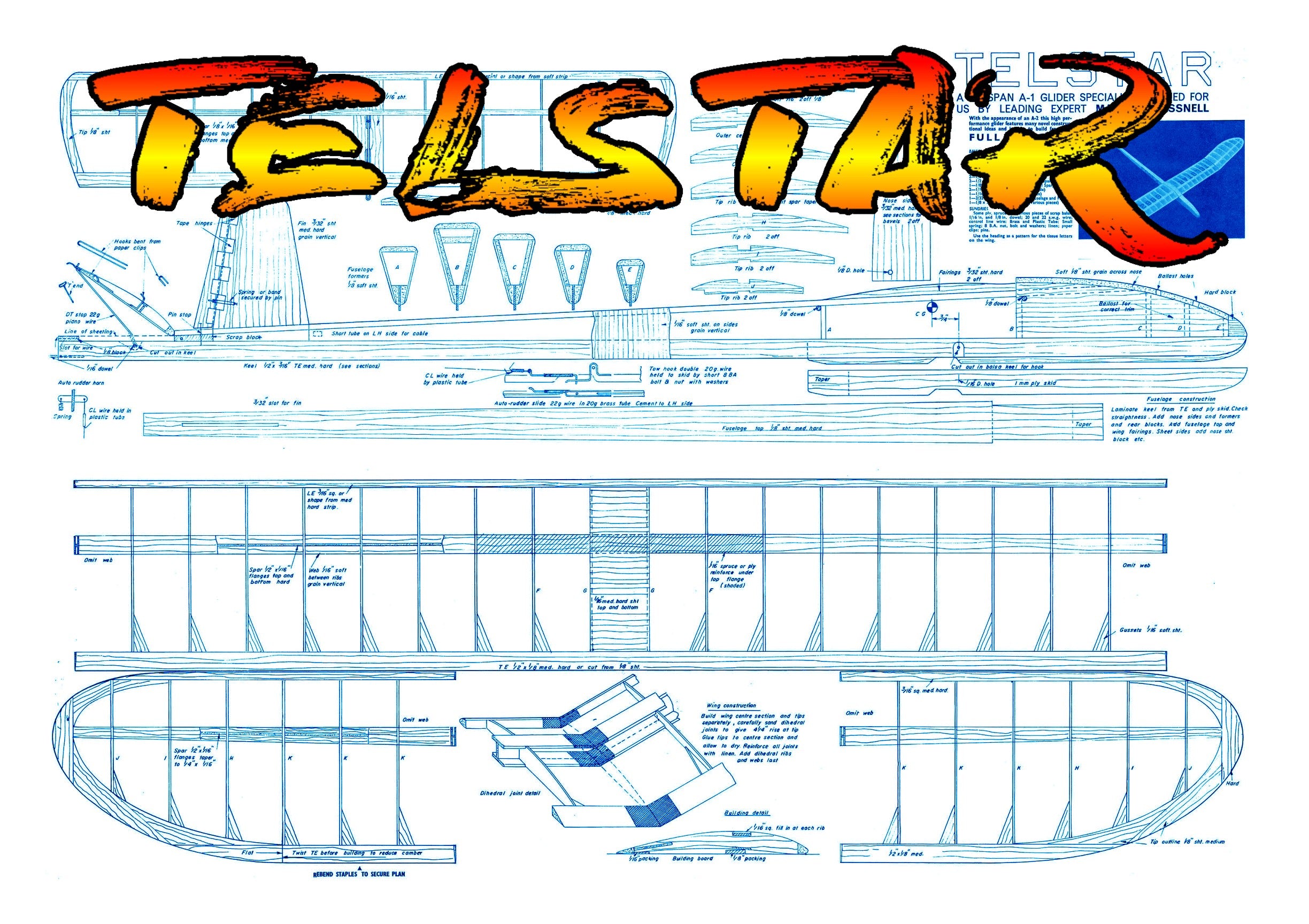 full size printed plan wingspan 48” a-1 high performance glider  "telstar  "