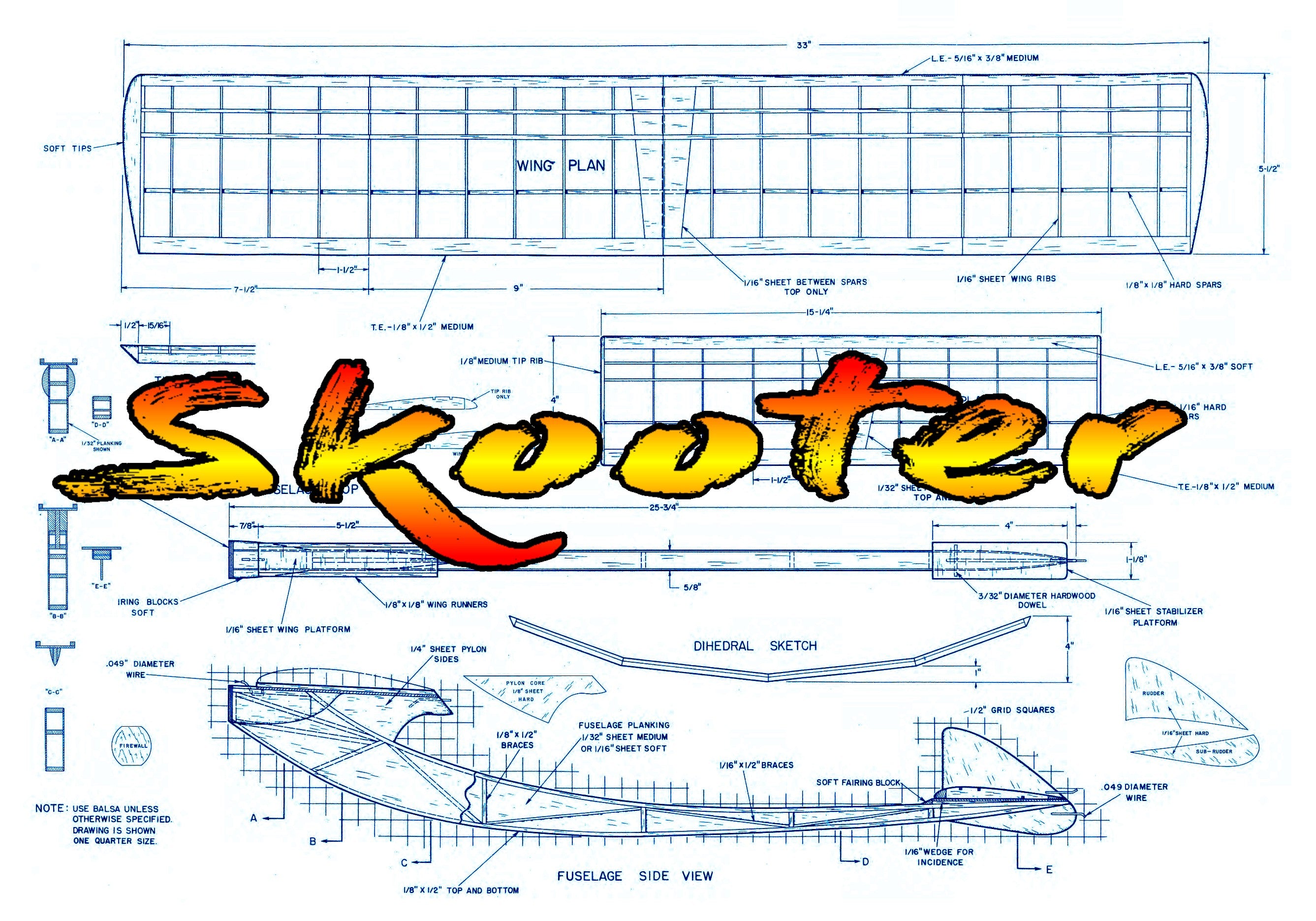 full size printed plan 1959  high-thrust free flight skooter wingspan 33”  engine ½ a