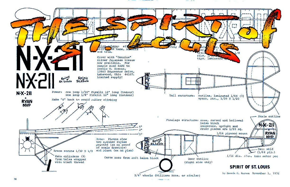 full size printed plans  peanut scale "the spirit of st. louis" history know the names lindbergh and "spirit of st. louis."