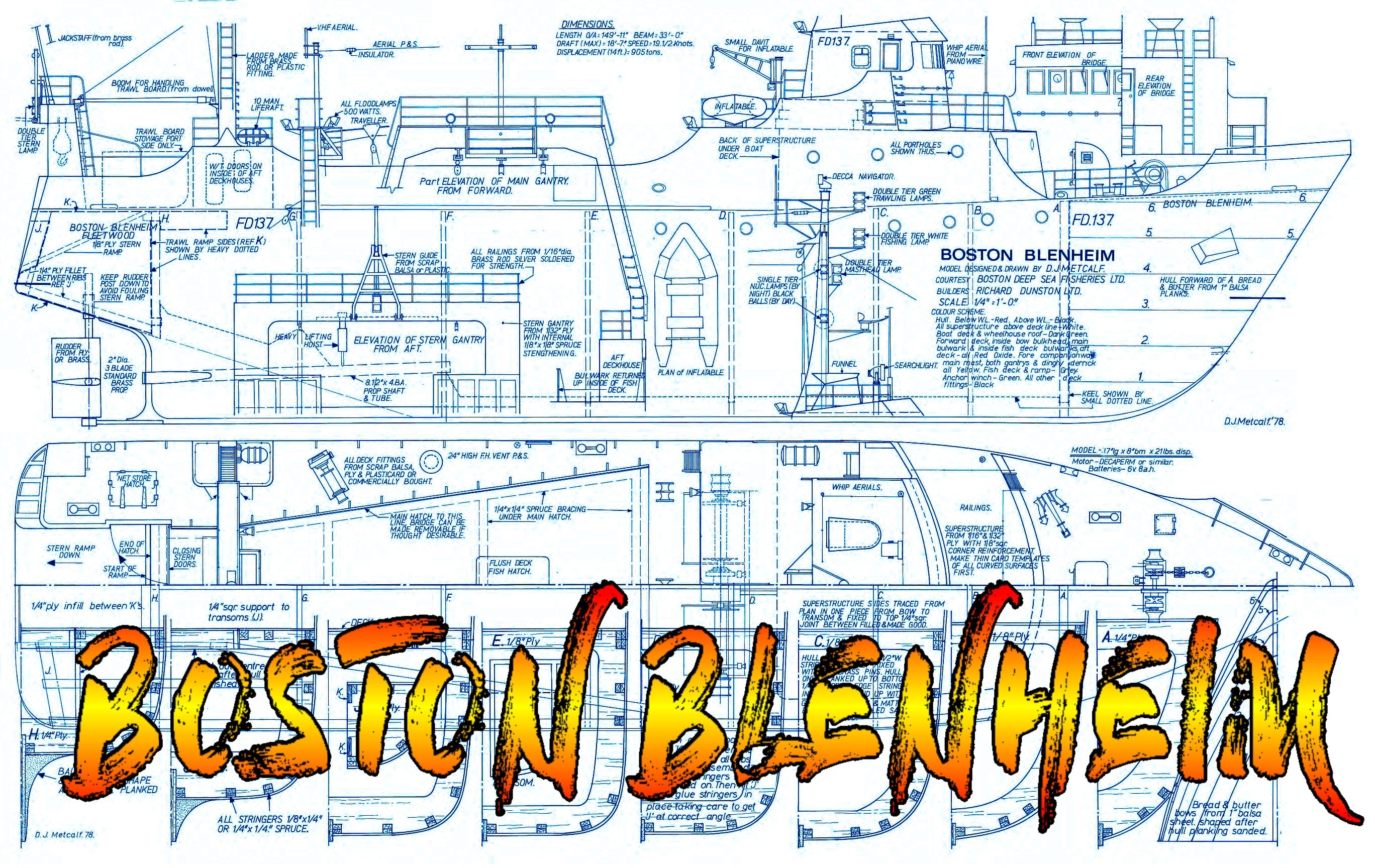 full size printed plans to build a 1:48 scale deep sea fishing ship "boston blenheim"