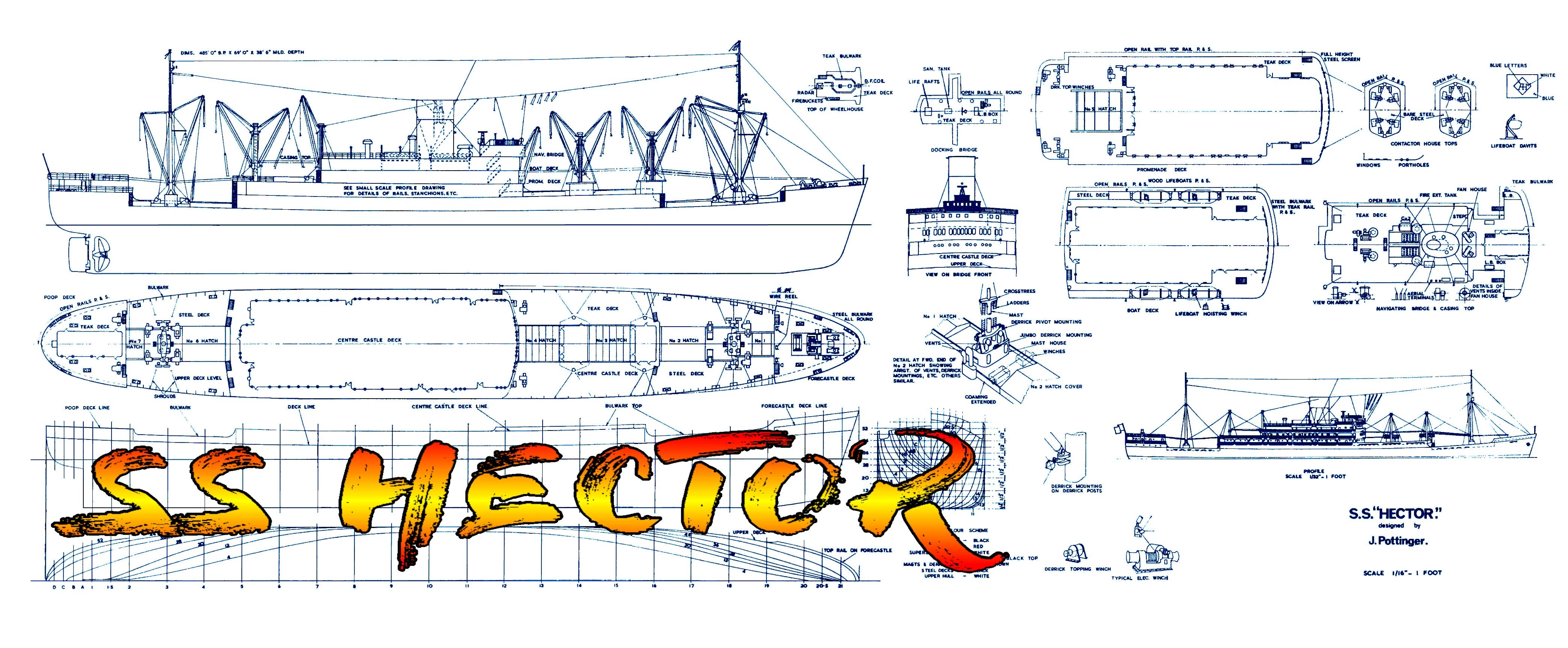 full size printed plan scale (1/16 in.-1 ft. blue funnel line “s.s. hector” suitable for radio control