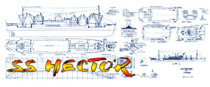 full size printed plan scale (1/16 in.-1 ft. blue funnel line “s.s. hector” suitable for radio control