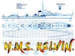 full size printed plans scale 1/96 k class destroyer h.m.s. kelvin. l 45-1/2" suitable for radio control