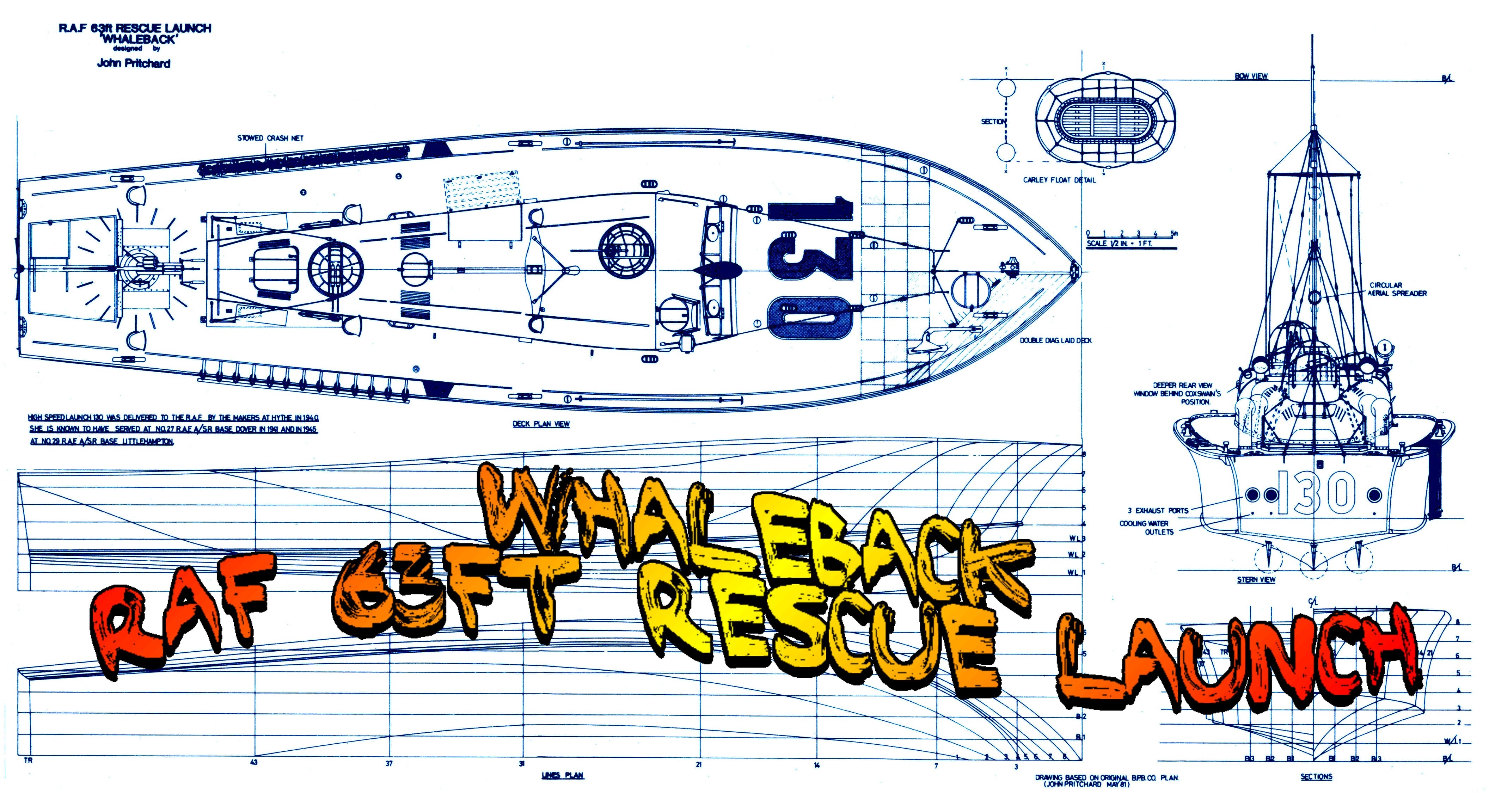 full size printed plans scale 1:24 l 31 1/2" whaleback  raf 63ft rescue launch