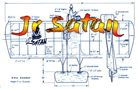printed plans vintage 1964 jr satan  by carl goldberg  control line combat  w/s 29”  eng .15