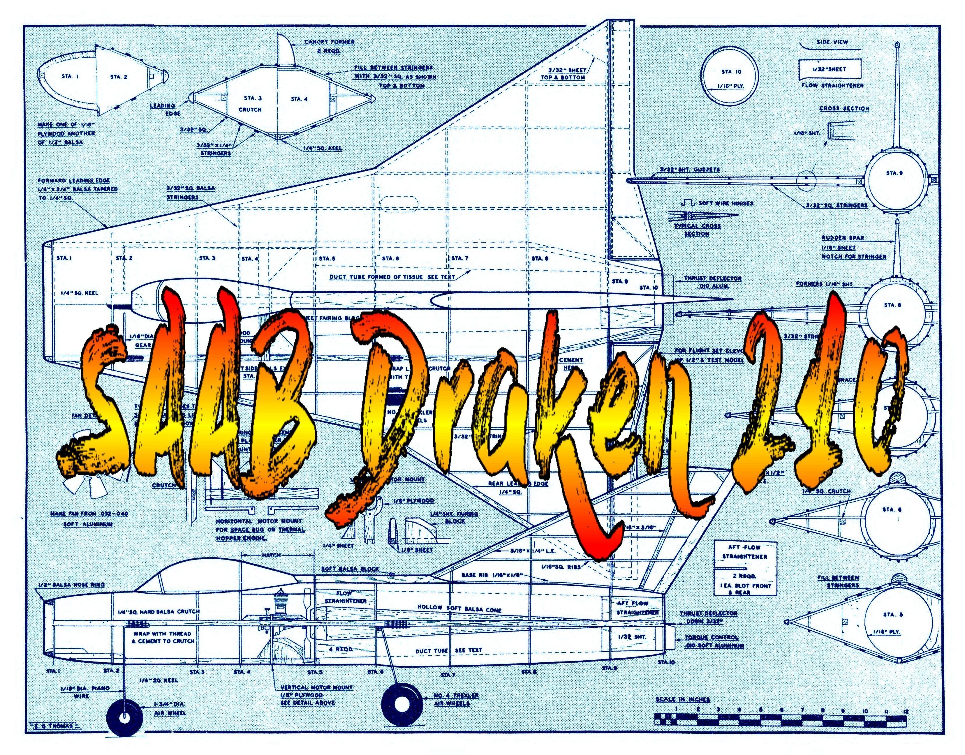 full size printed plan free flight scale plane saab draken 210  .049 ducted fan