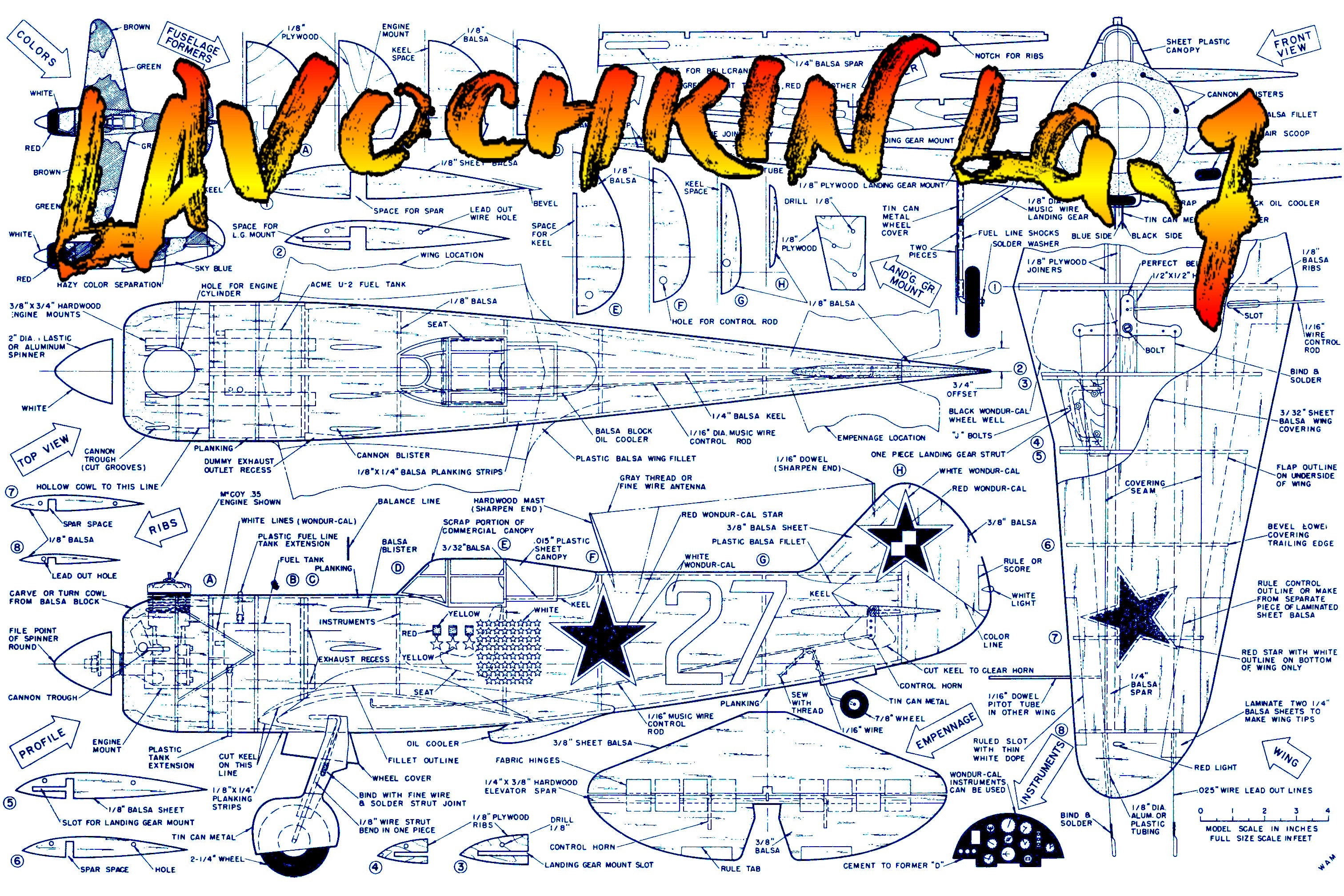 full size printed plans soviet fighter scale 1“= 1 control line  wingspan 32” lavochkin la-7