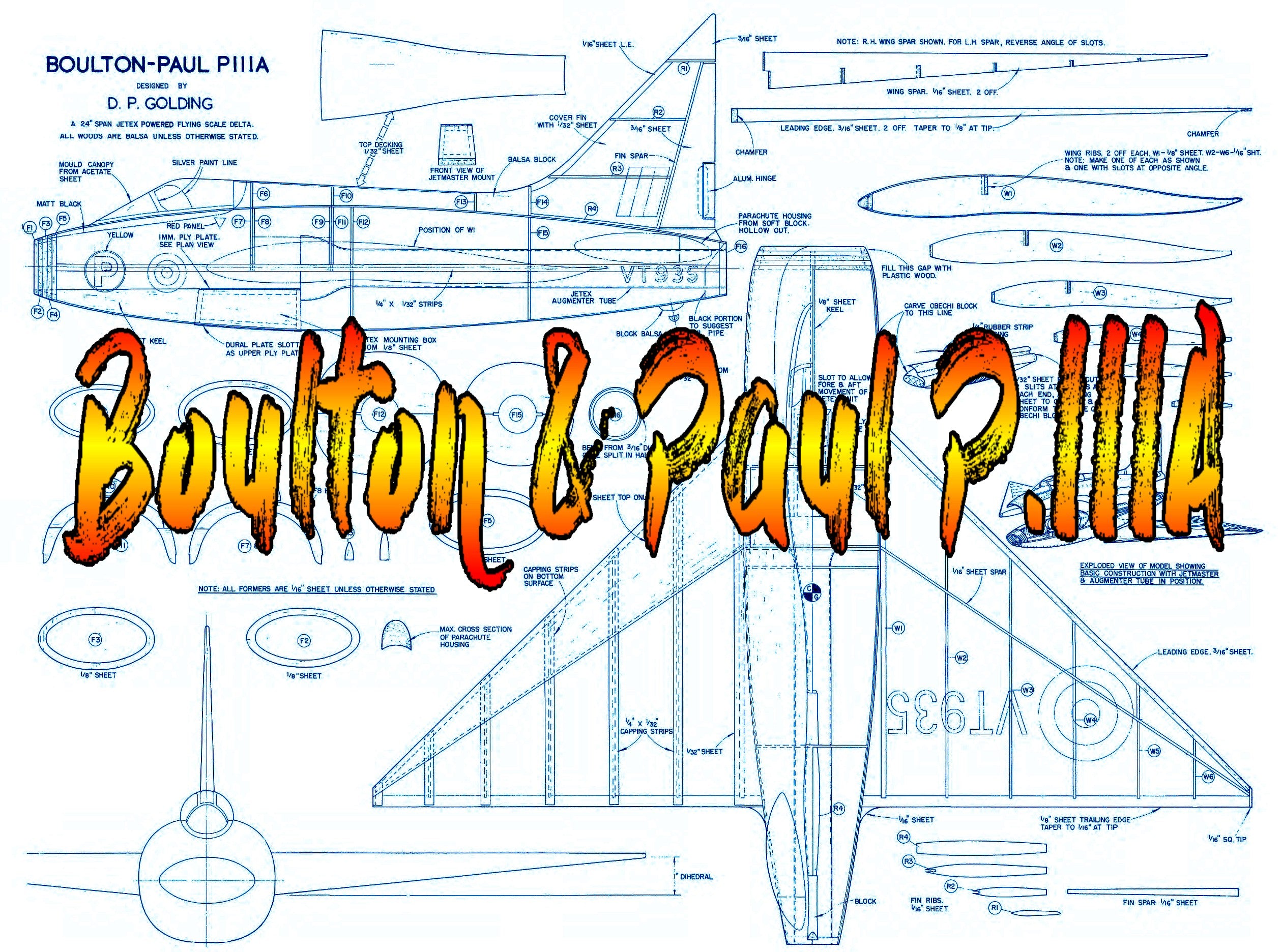 full size printed plan semi-scale 1:12 boulton & paul p.iiia smooth flying scale model.