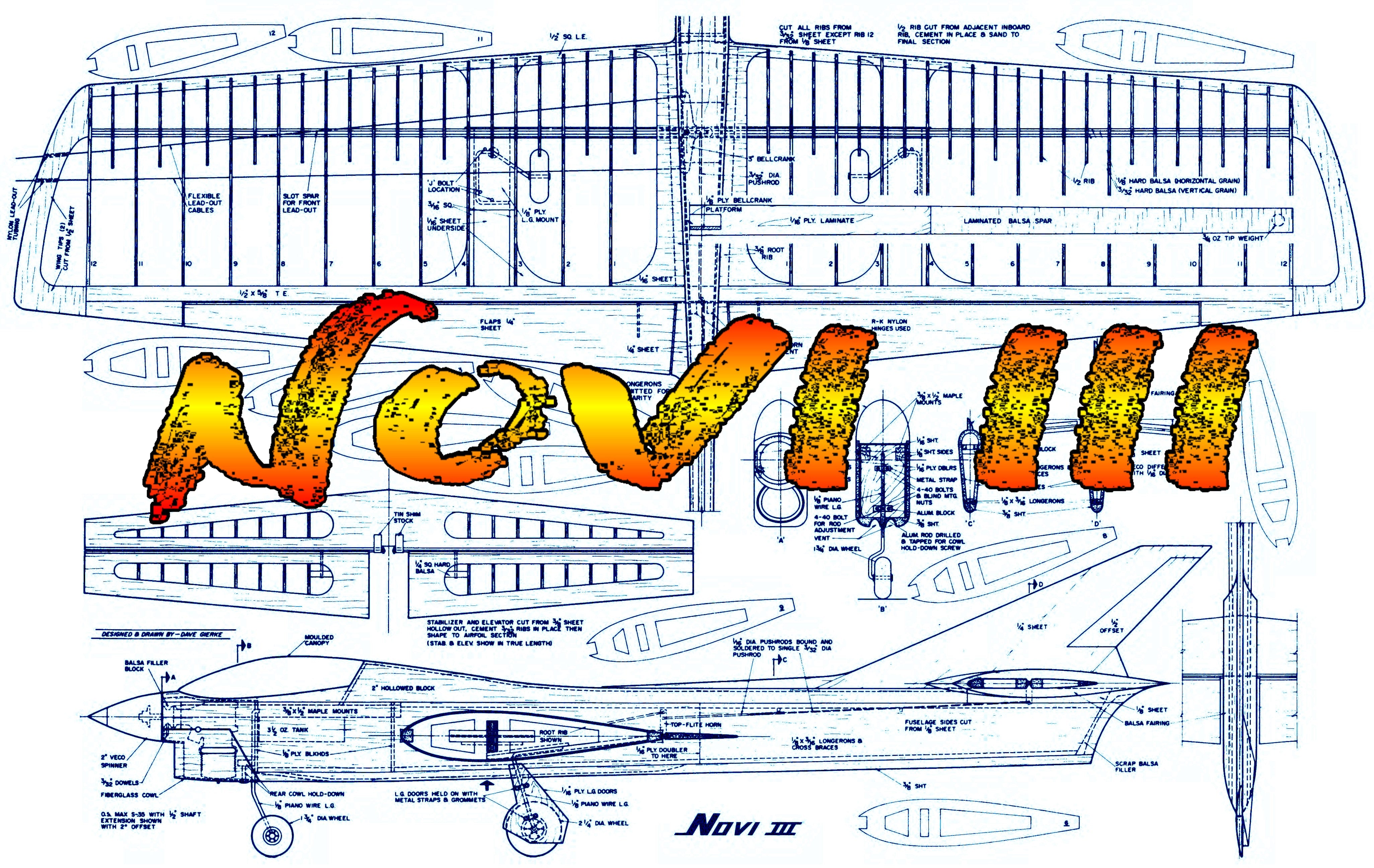 full size printed plans vintage 1968 controline precision acrobatic aircraft “novi iii”