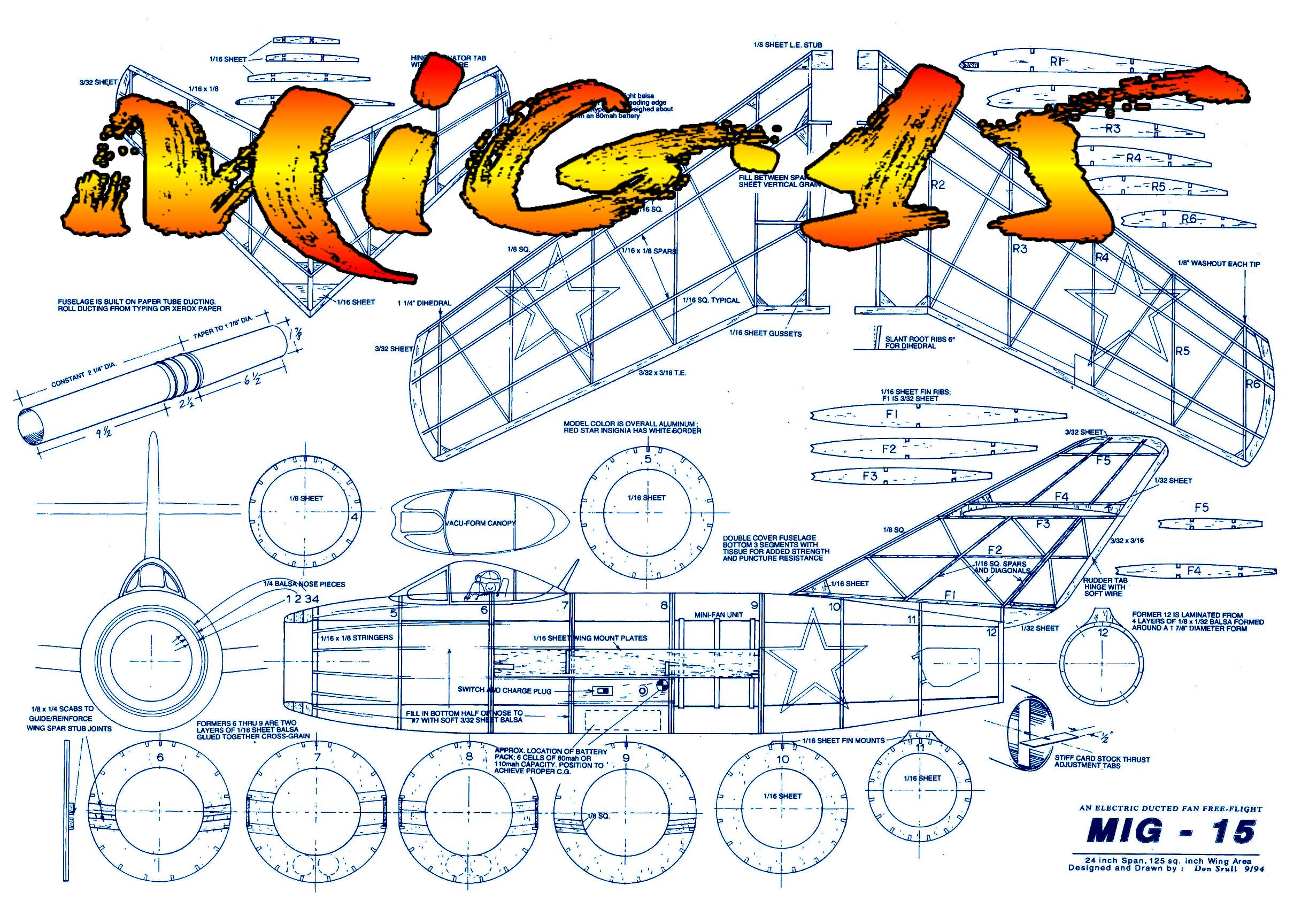 full size printed plan to build 1:16 semi scale mig 15 electric ducted fan freeflight