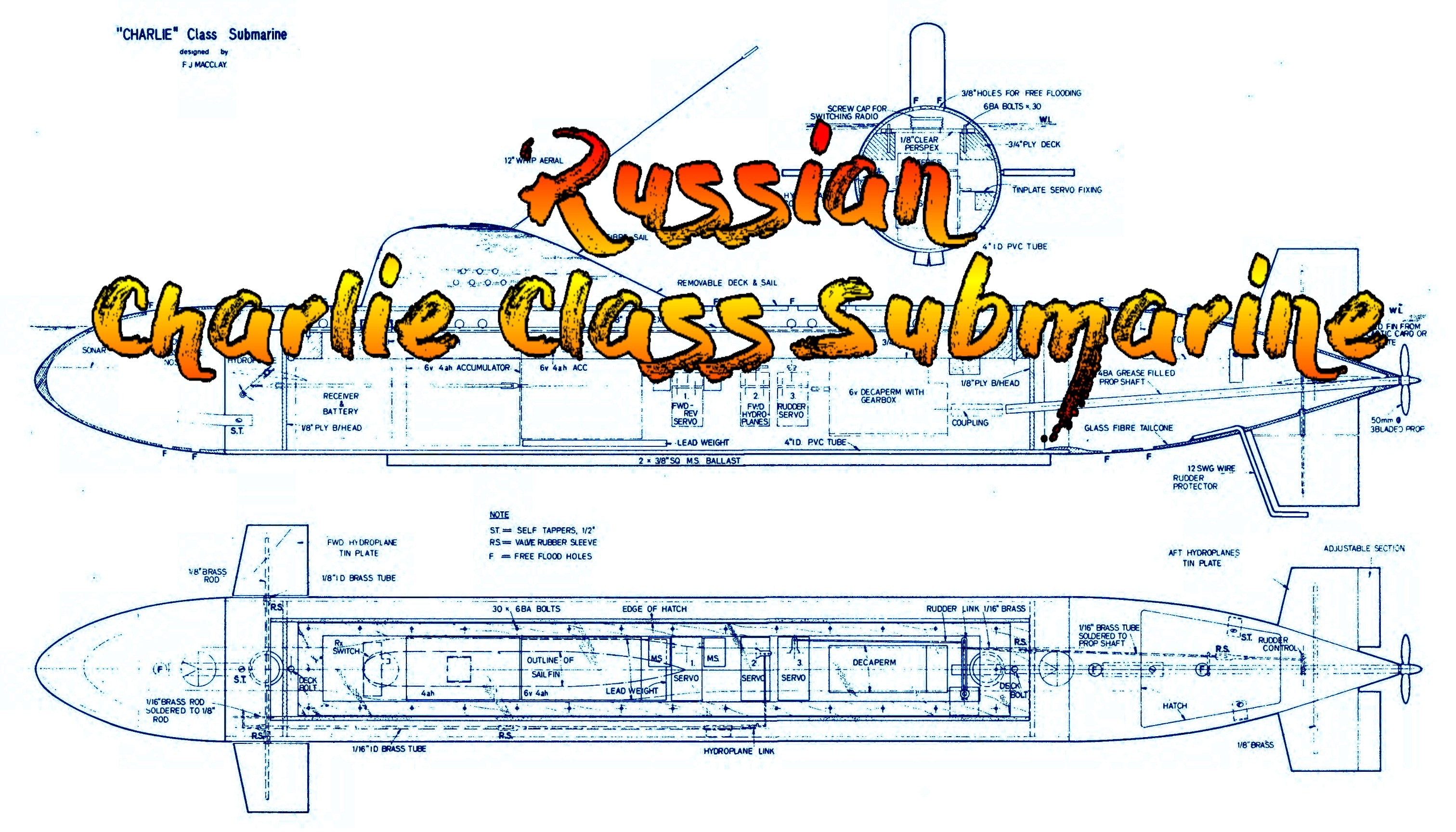 full size printed plan for scale 1:96 40" radio control russian charlie class