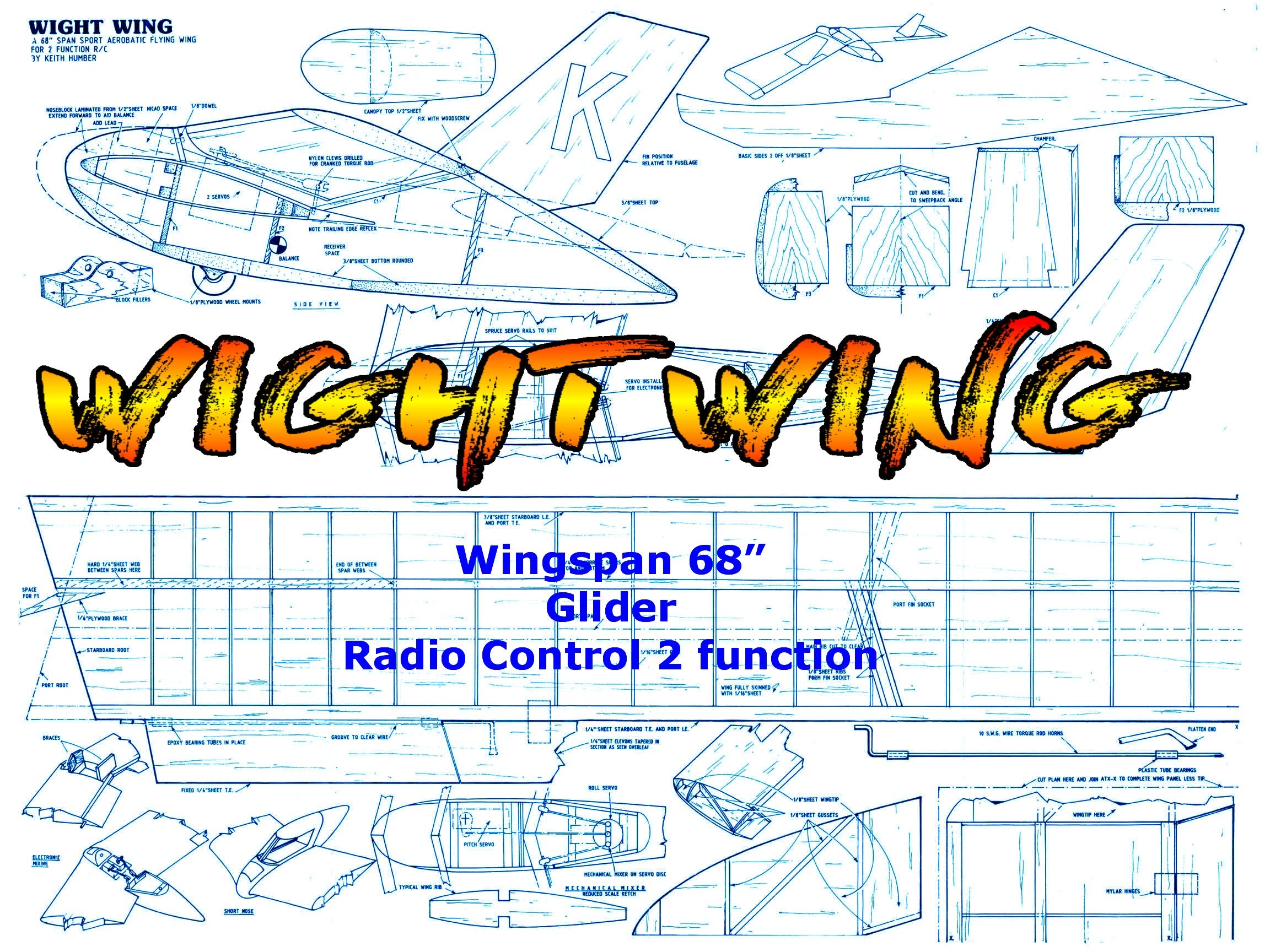 full size printed plan glider wingspan 68” for radio control "wight wing"