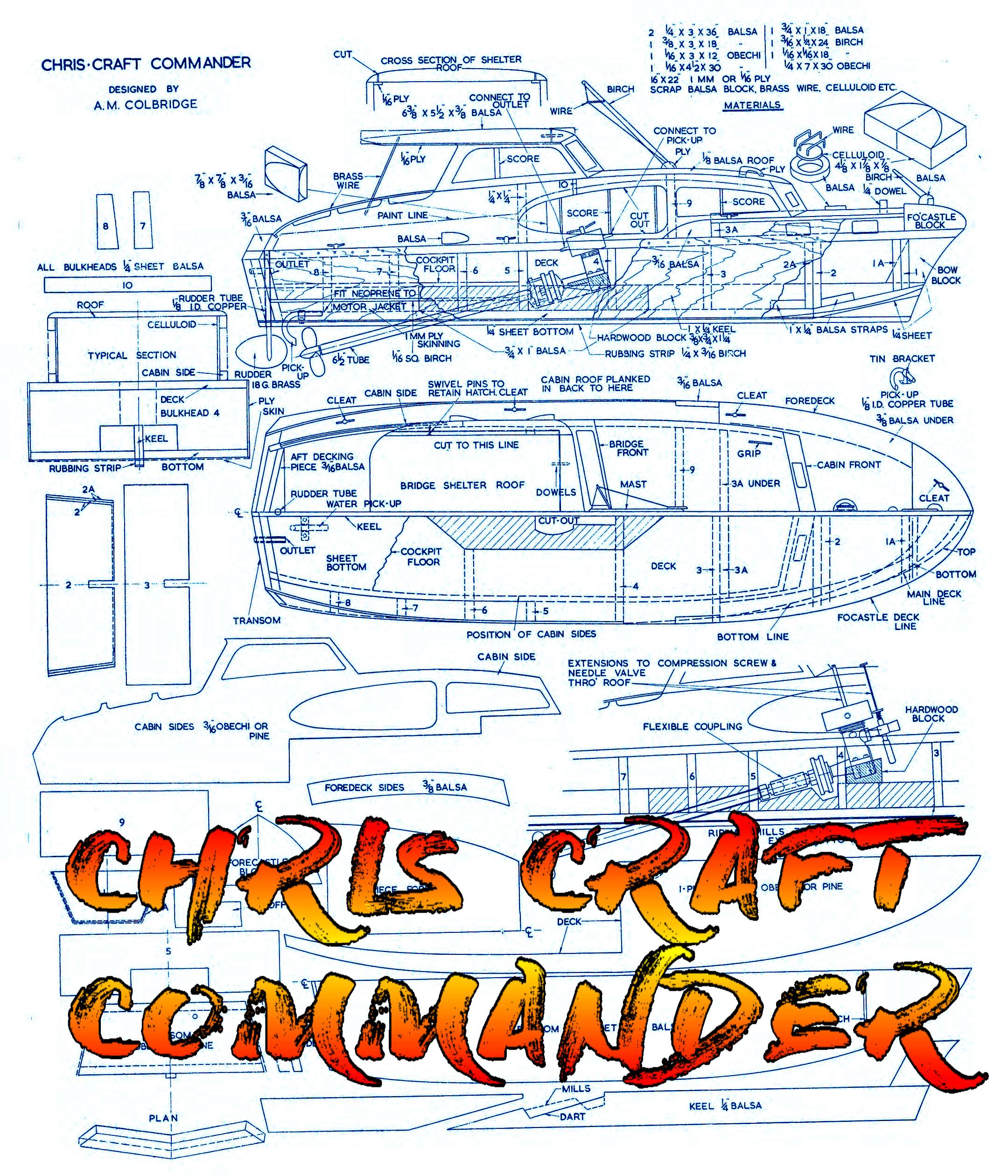 full size printed plan to build a 1:20 scale chris craft commander  for radio control