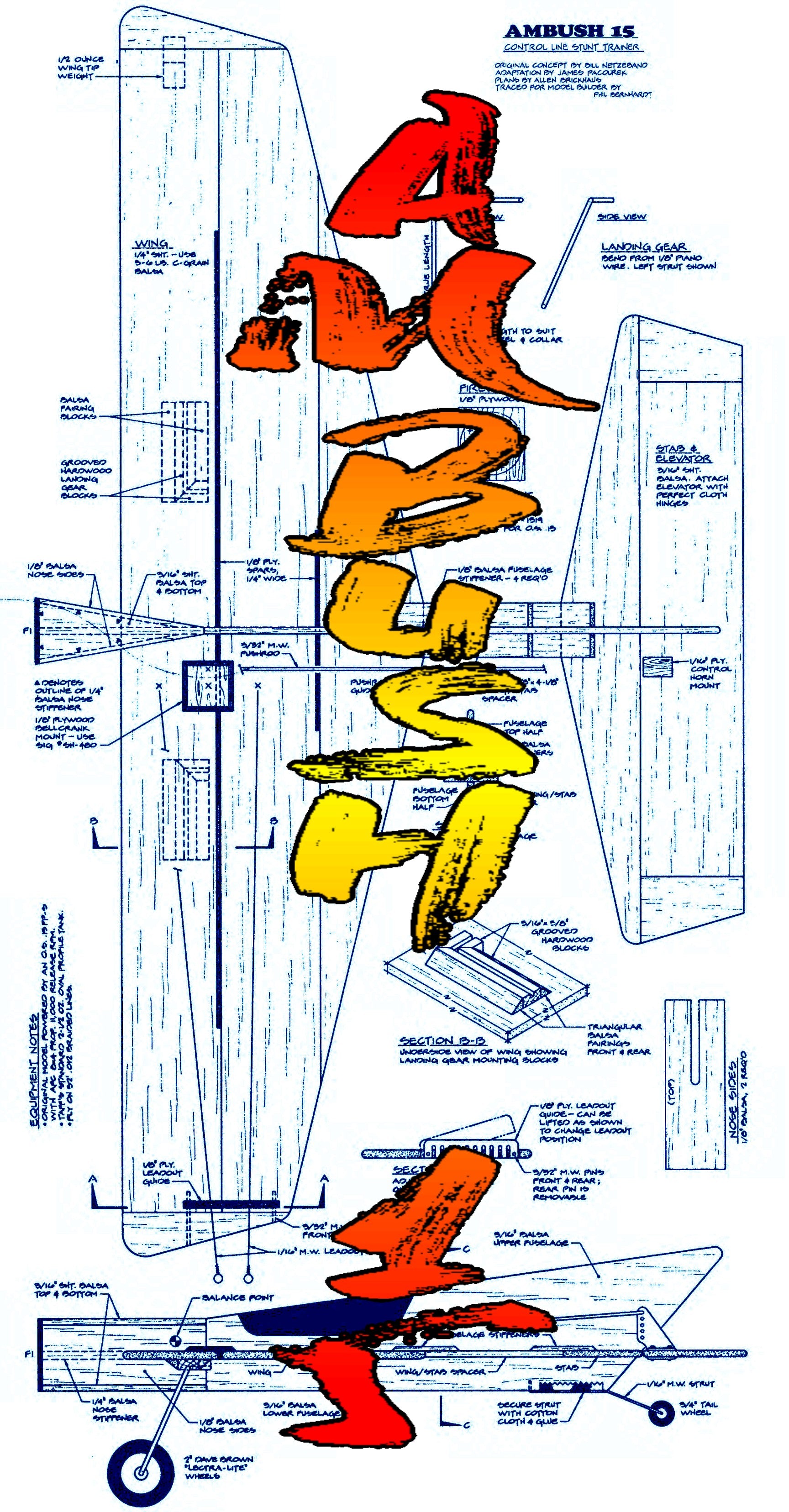 full size printed plans  control line stunt wingspan 38”  engine .15  ambush 15 by allen w. brickhaus