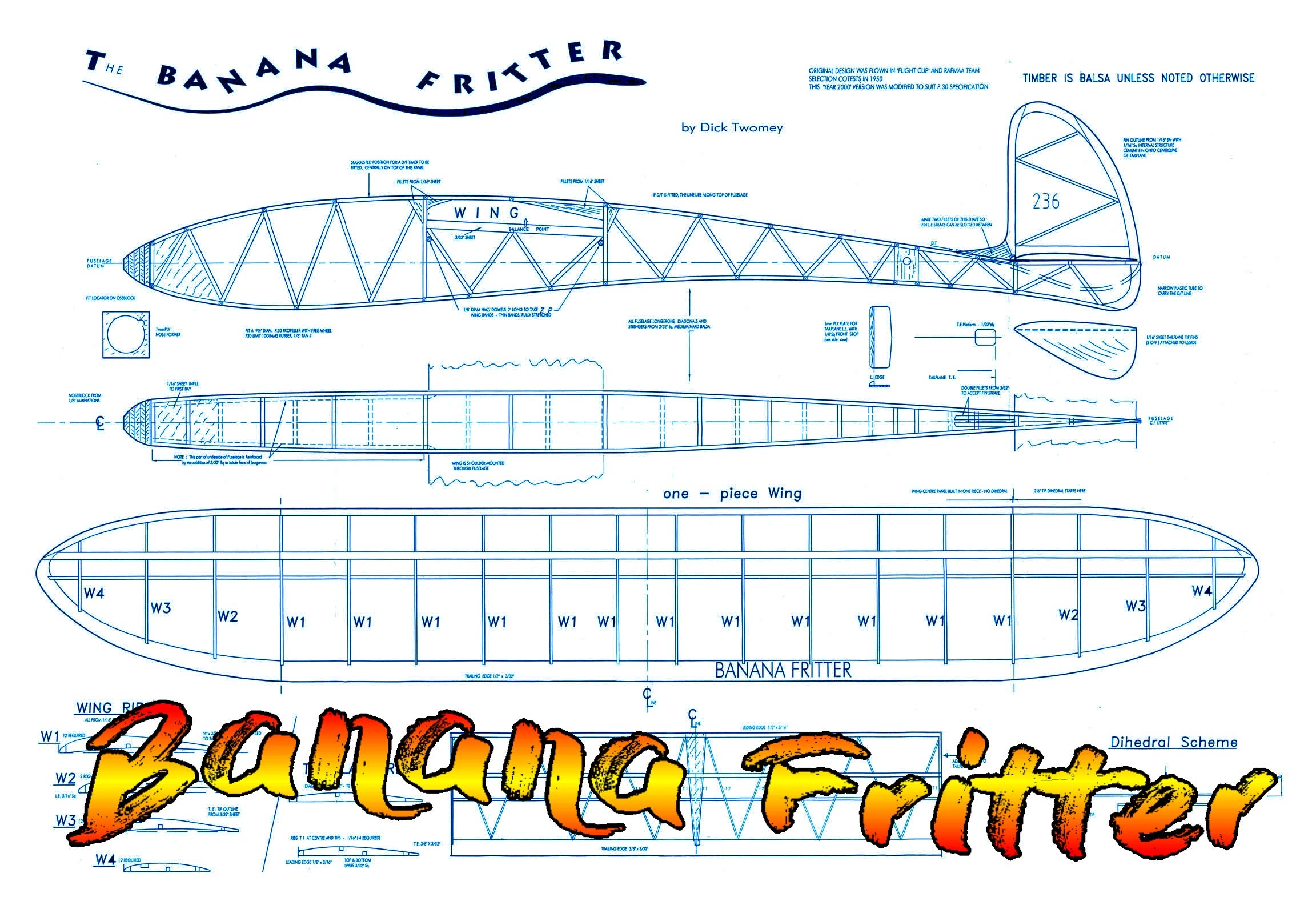 full size printed plans free flight p-30 original design from 1950 "banana fritter"