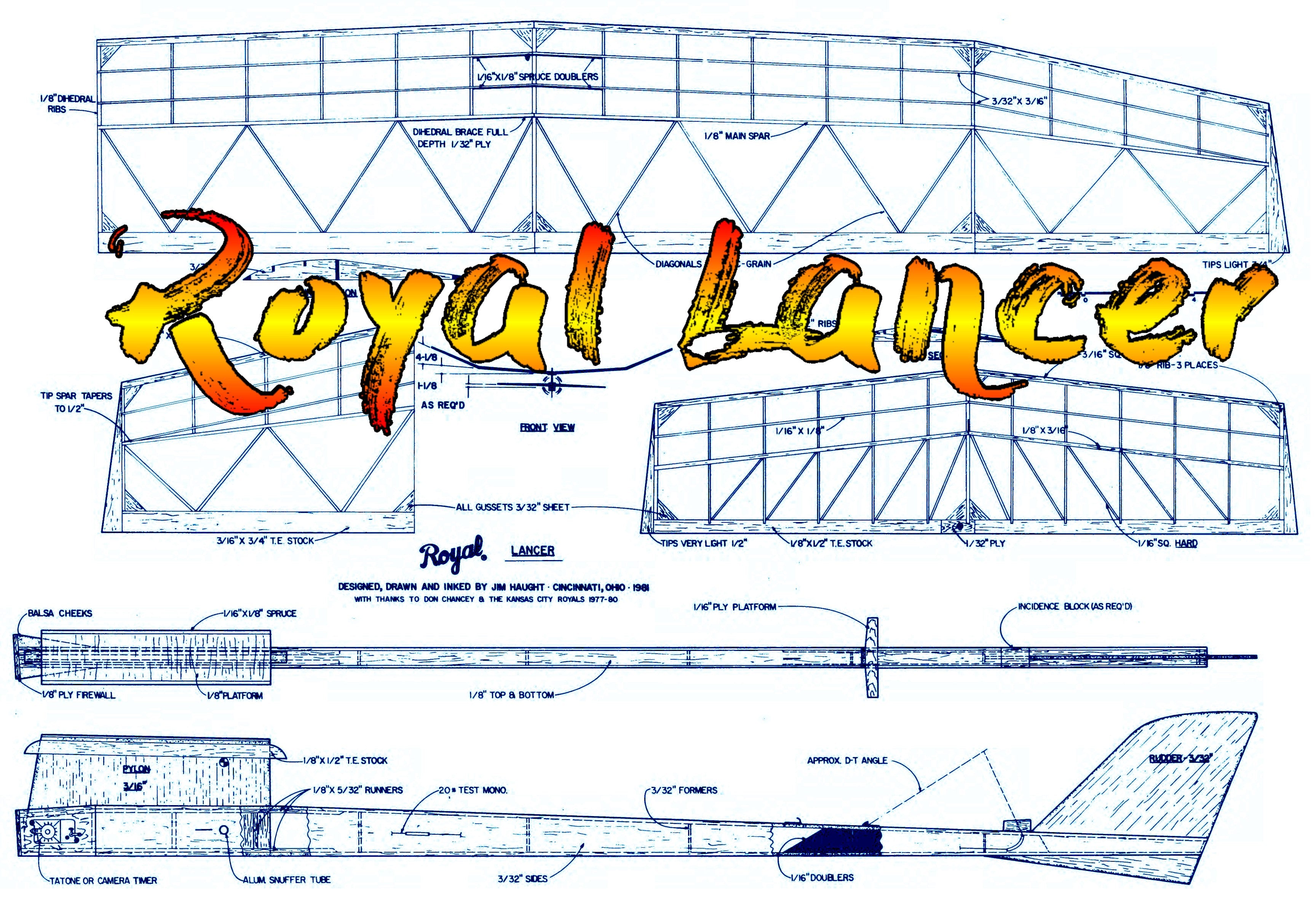 full size printed plans vintage 1983 freeflight "royal lancer" for .15 w/s 55"