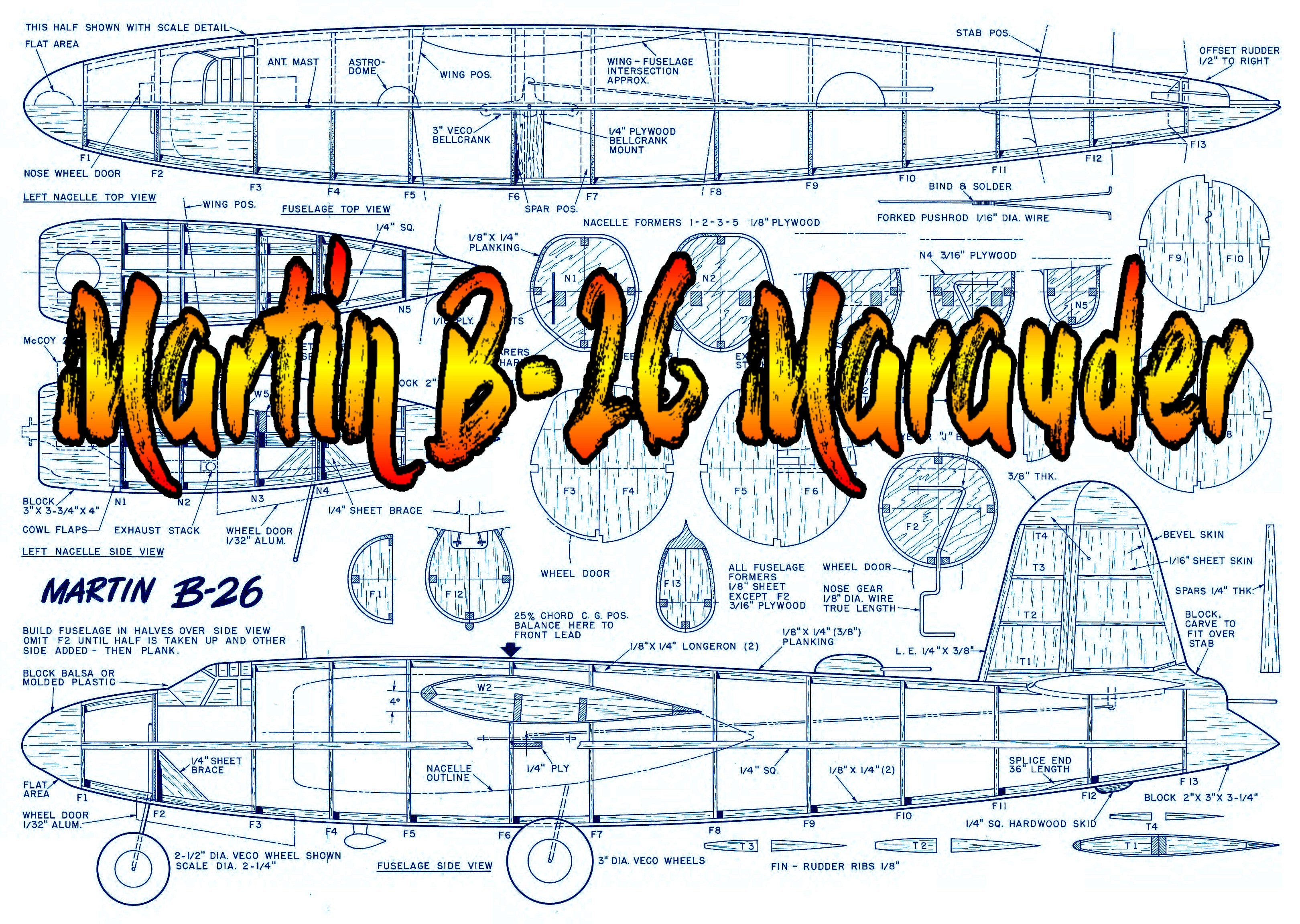 full size printed plan scale 1:16 control line martin b-26 marauder you may wish to convert to radio control