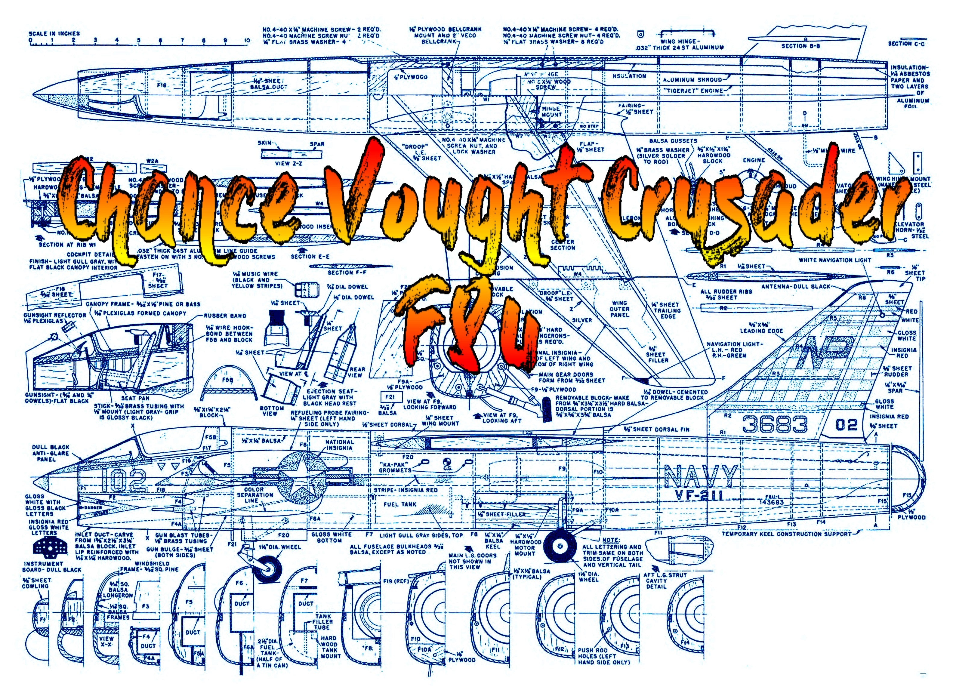 full size printed plan scale 1/16 chance vought crusader f8u  tigerjet or convert to ducted fan