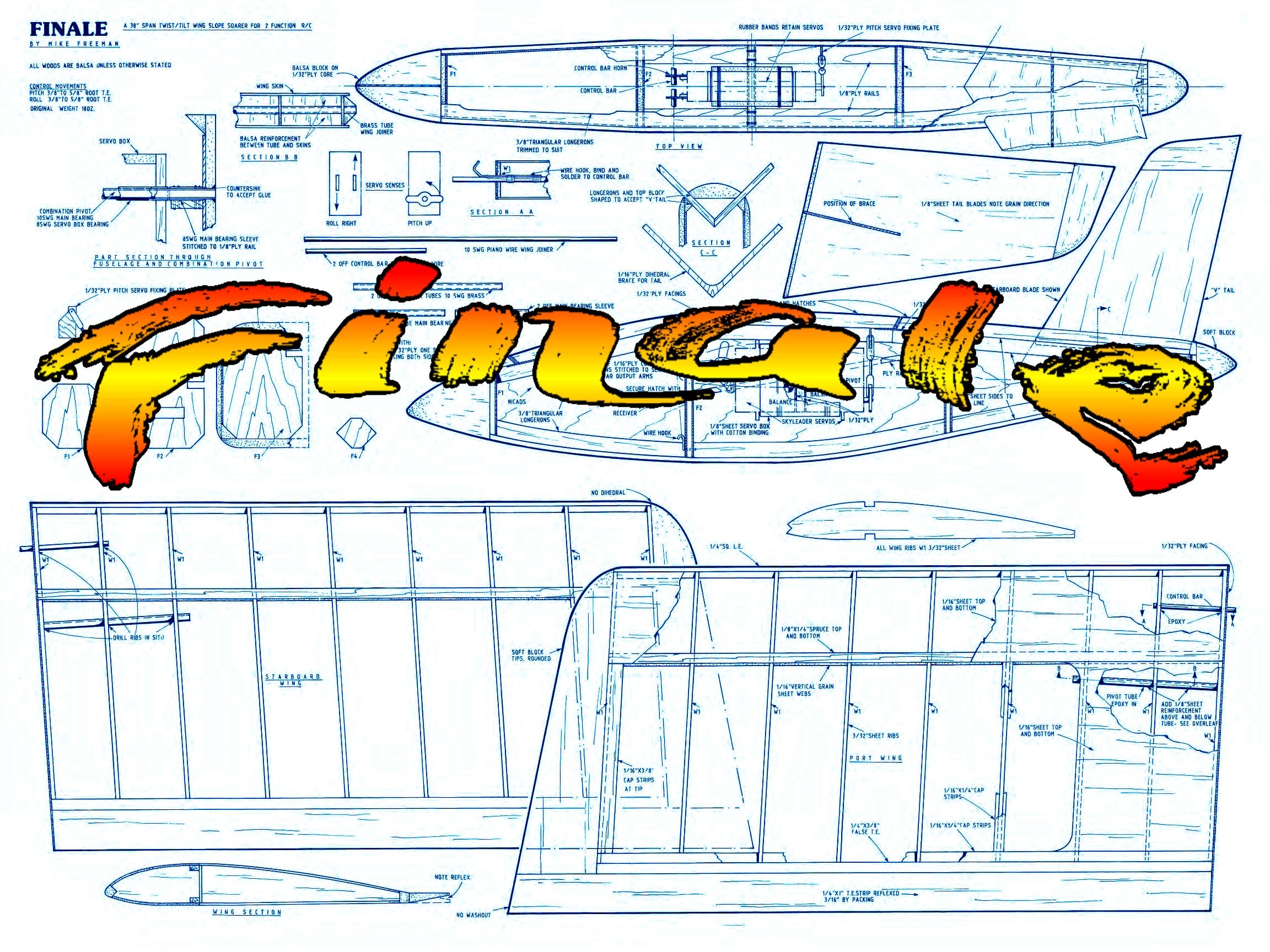 full size printed plan 38" w/s a soarer with all- moving wing for roll and pitch control for r/c