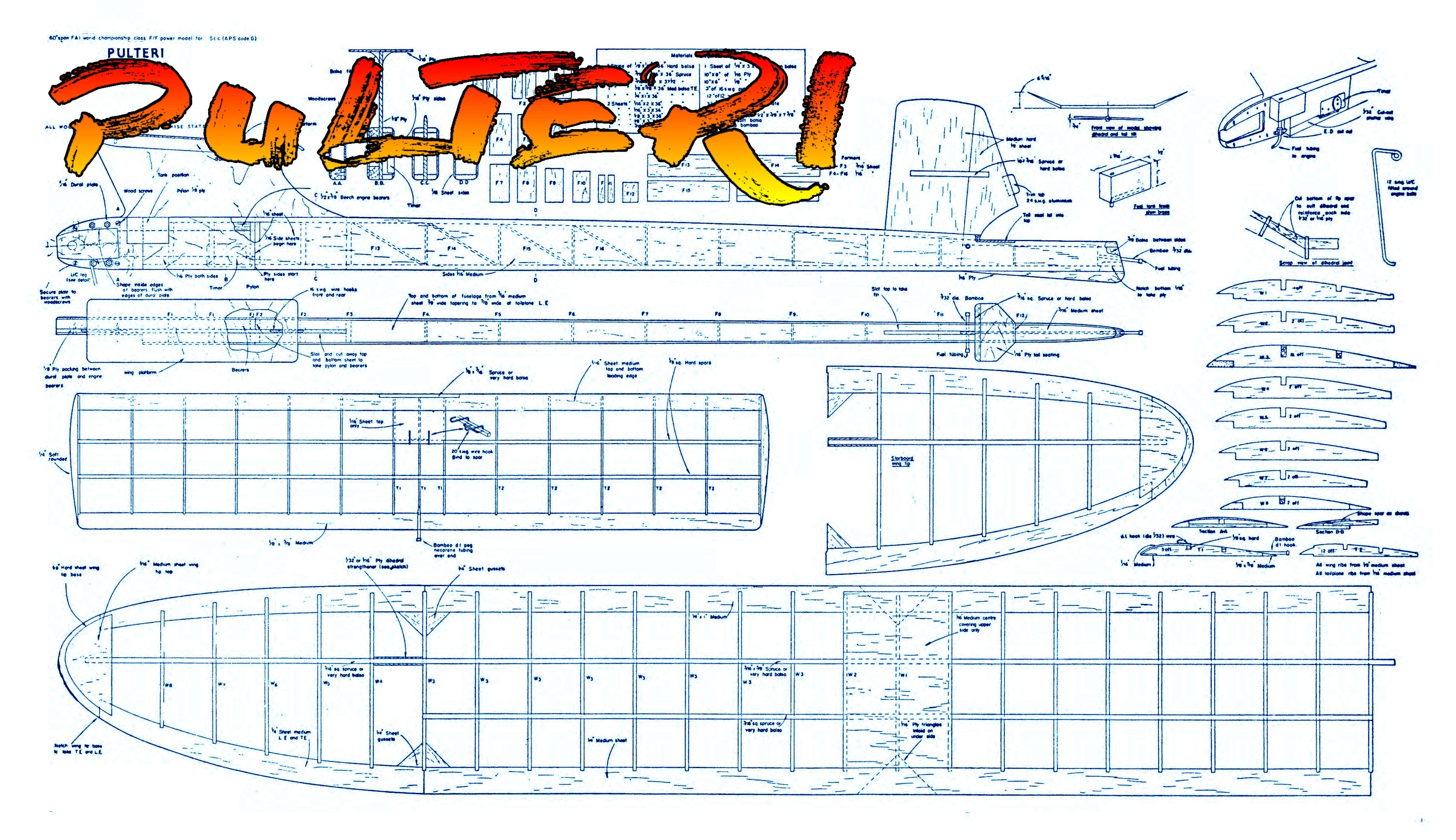 full size printed plan f.a.i. design "pulteri" free flight  wingspan 60”  engine .15