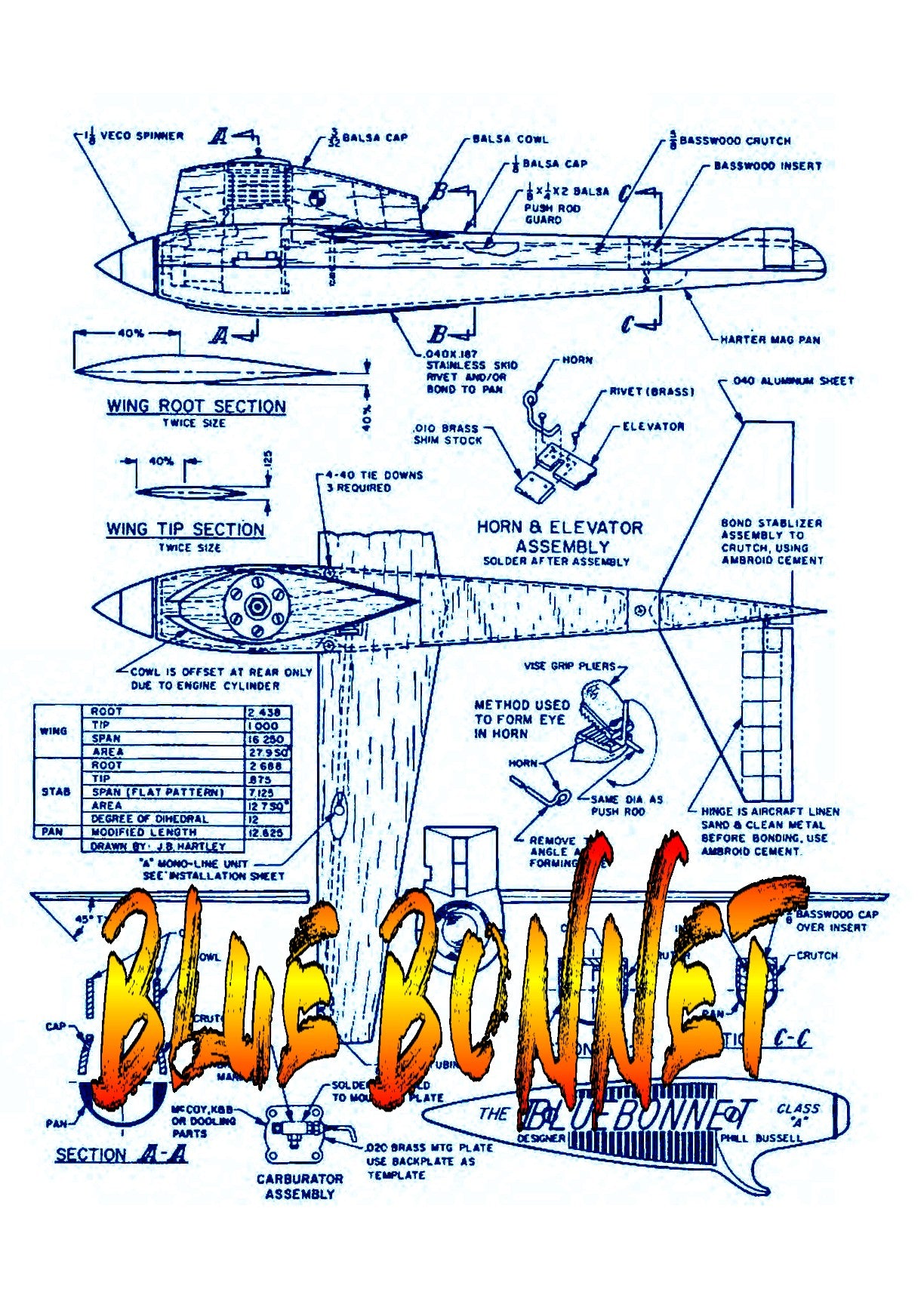 full size printed plan  control line speed blue bonnet winner in class "a" speed '64