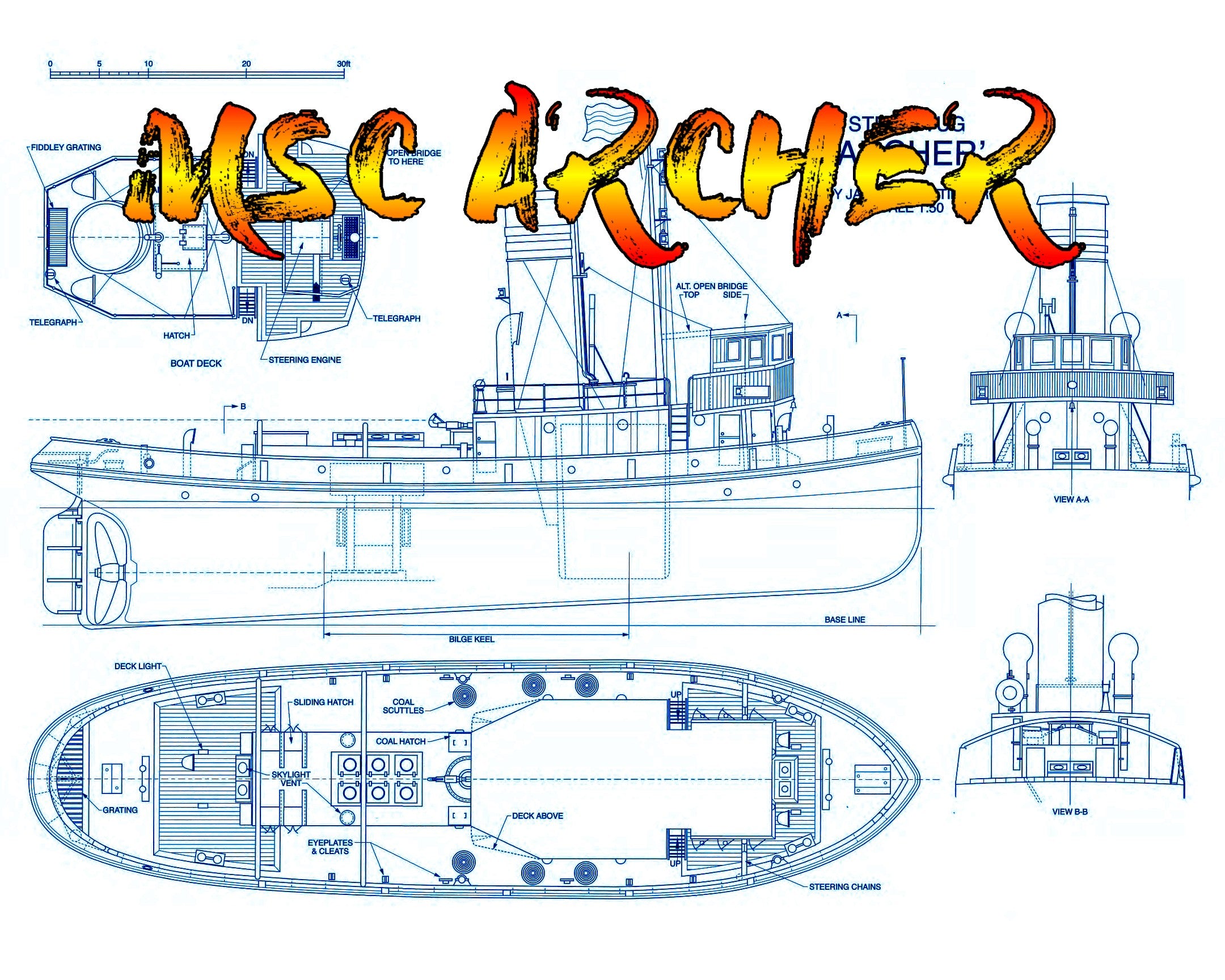 full size printed plans 1:50 scale archer steam tug suitable r/c steam or electric