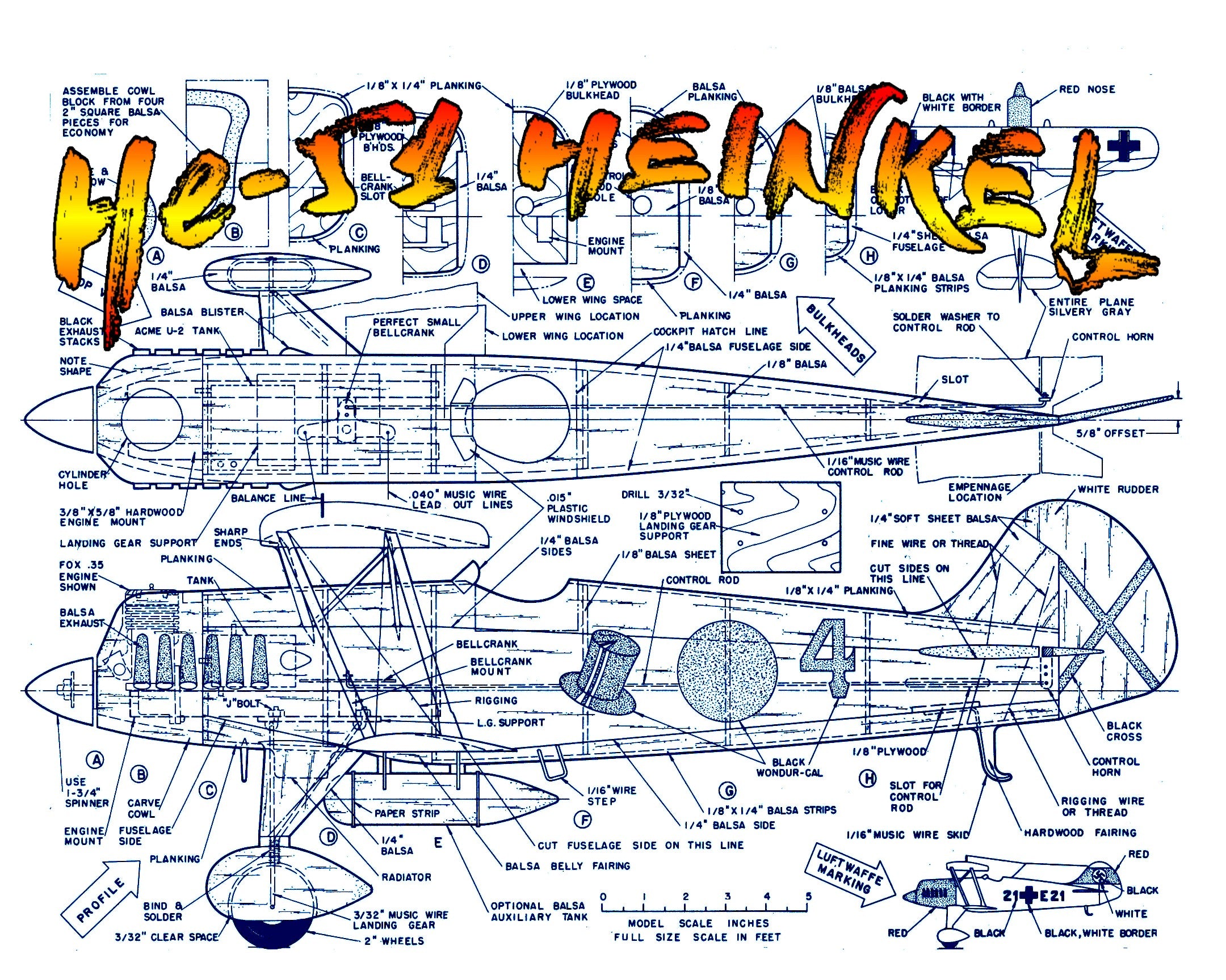 full size printed plans scale 1“= 1 foot control line he-51 wingspan 36”  engines .29 to .49