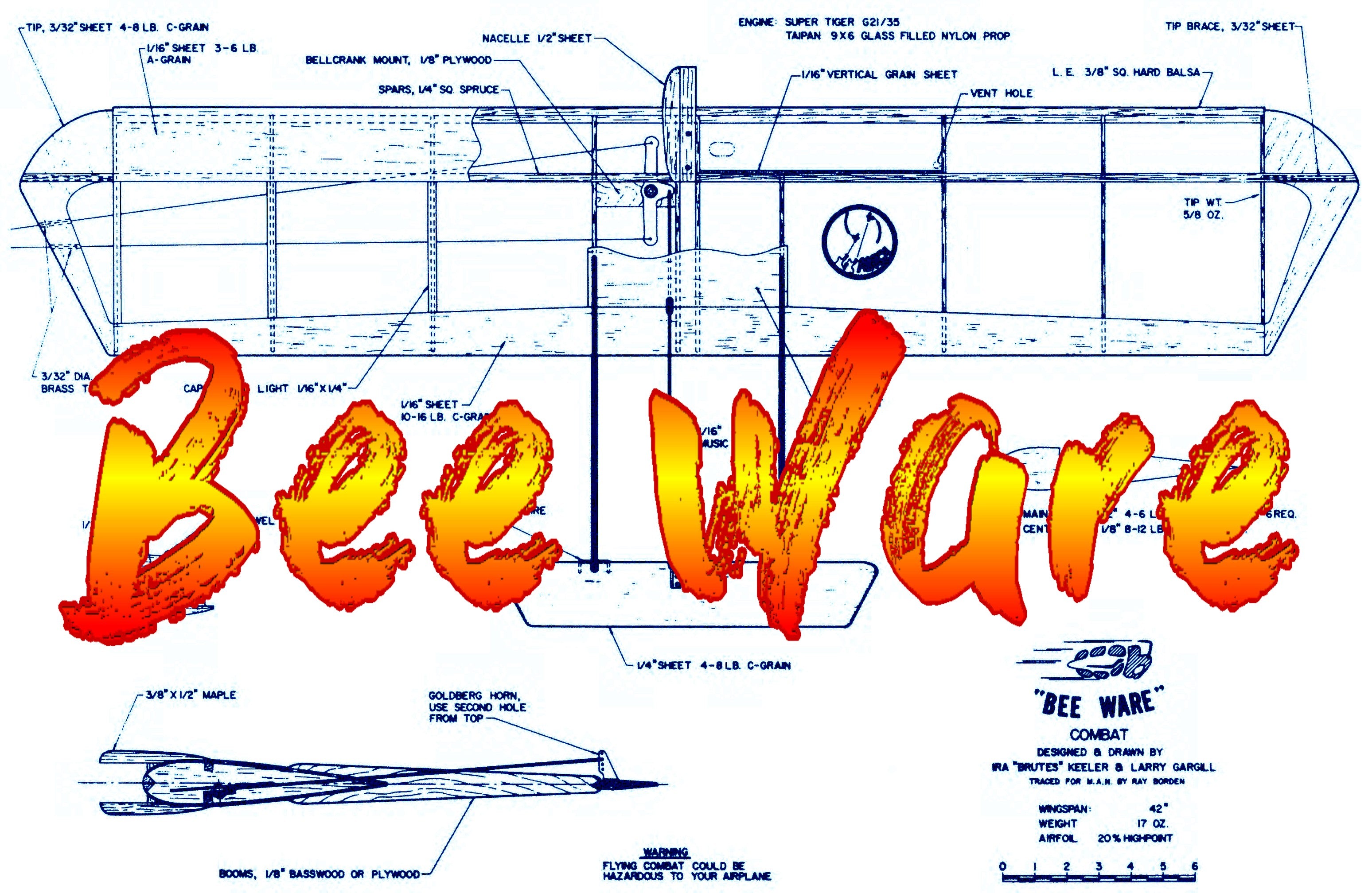 full size printed plan & building notes combat plane bee ware wingspan 42 “  engine .35