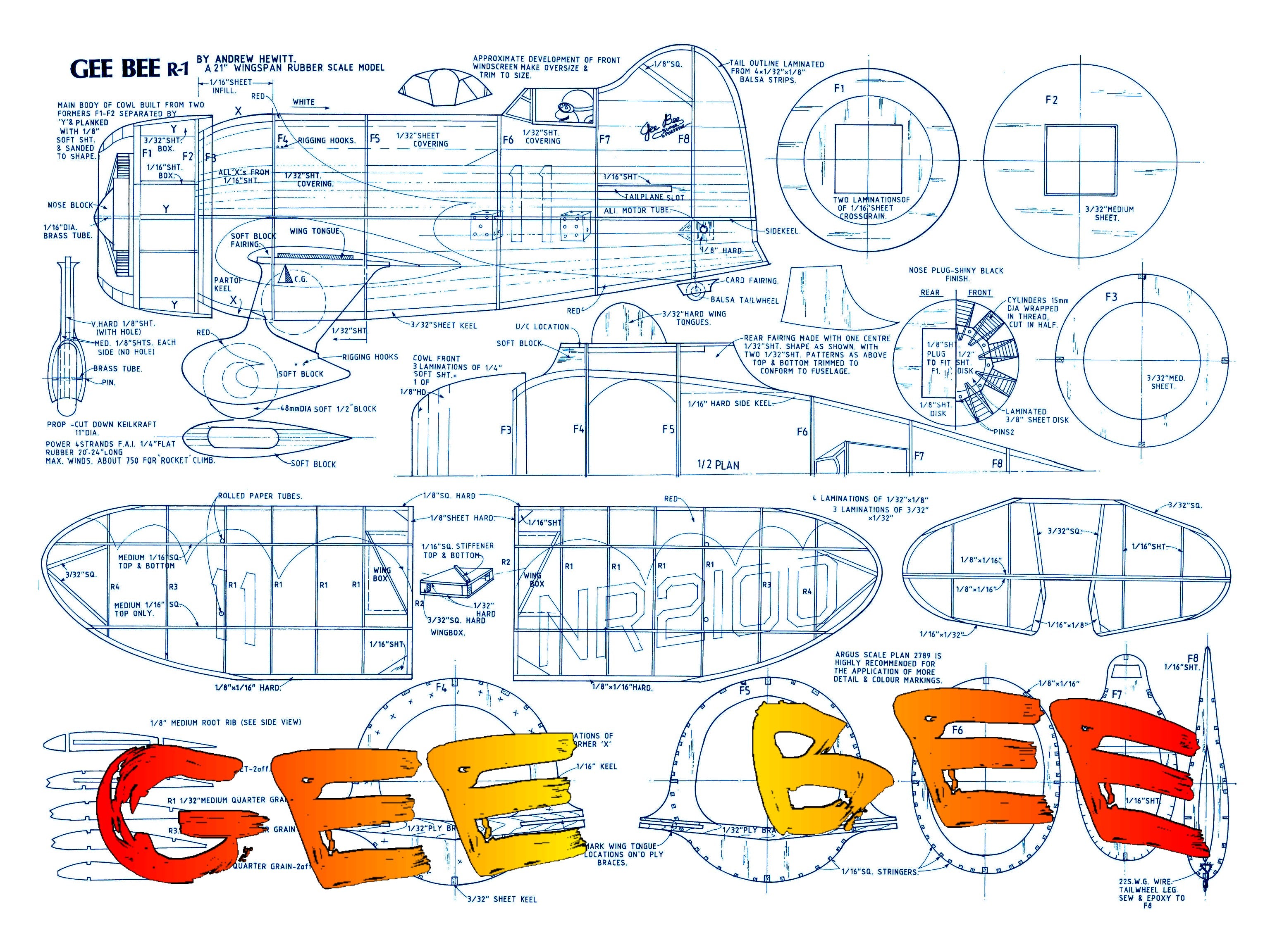 full size printed plan gee bee scale 1/12  wingspan 21”  power rubber