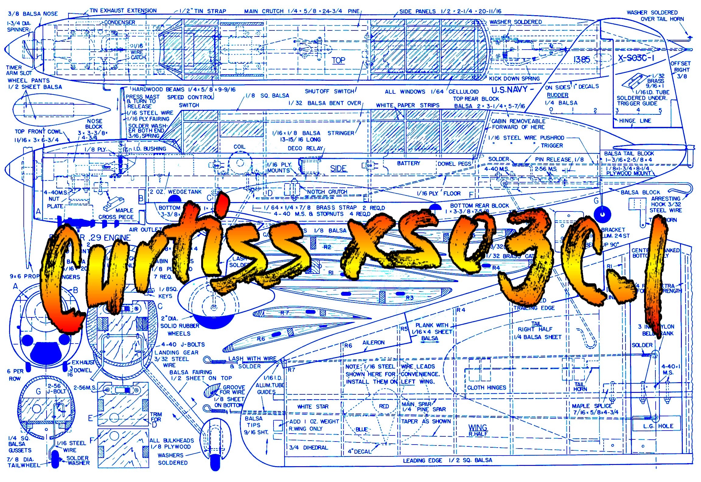 full size printed plans control line scale 1” = 1’ wingspan 38” curtiss xs03c-l