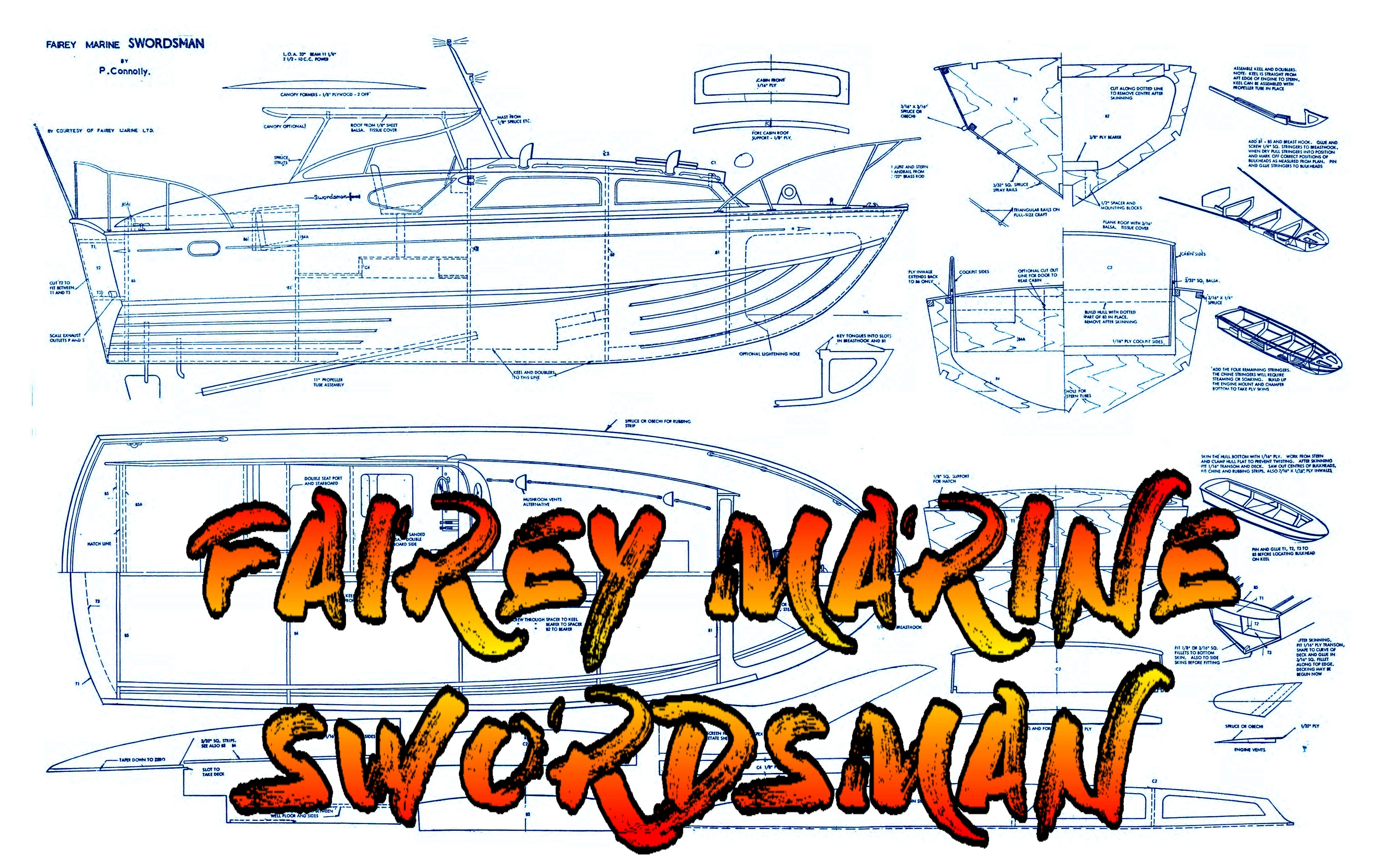 full size printed plan build 1:12 scale cabin cruiser "fairey marine swordsman" for radio control