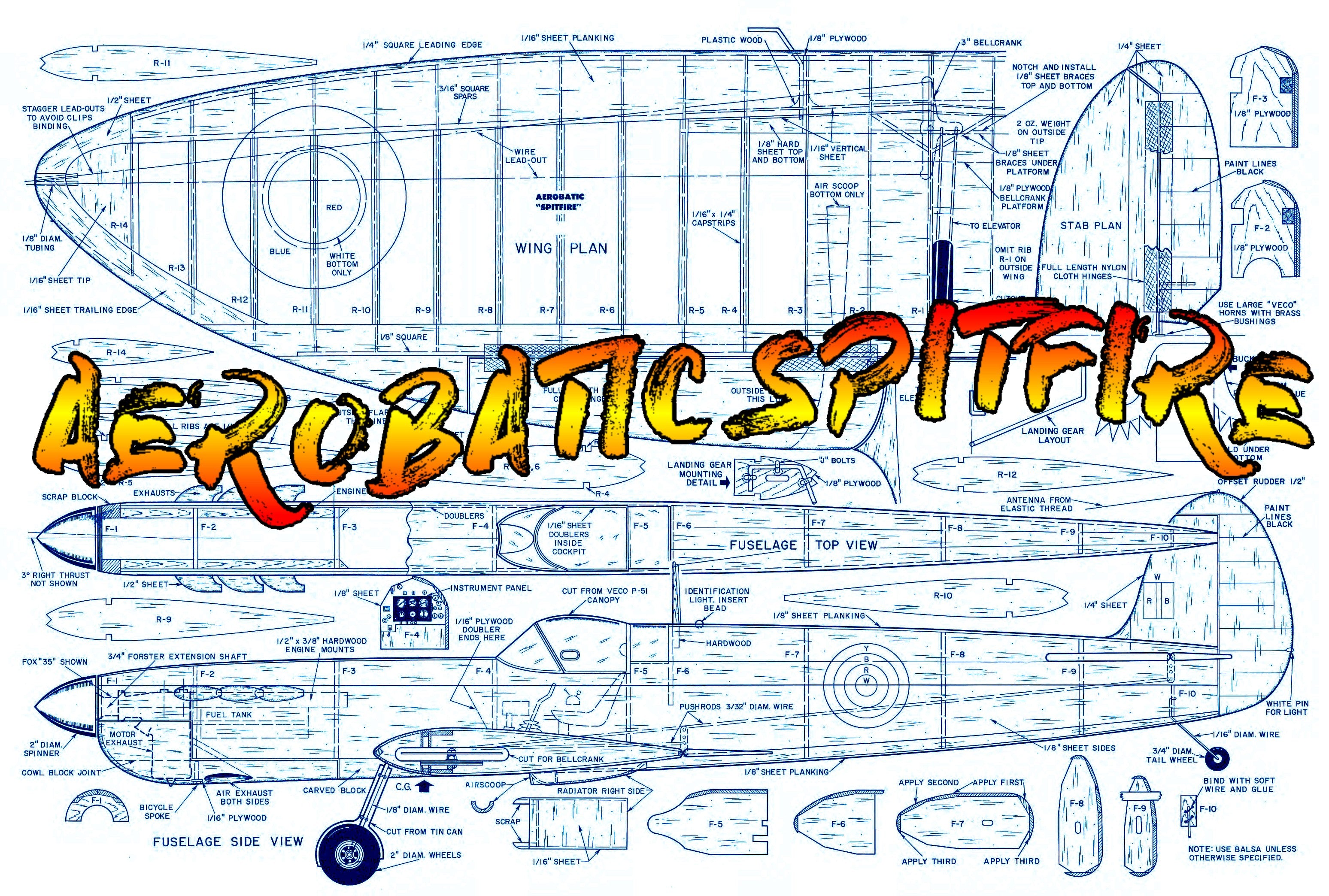 full size printed plan aerobatic spitfire control line stunt  wingspan 56"  engine .35