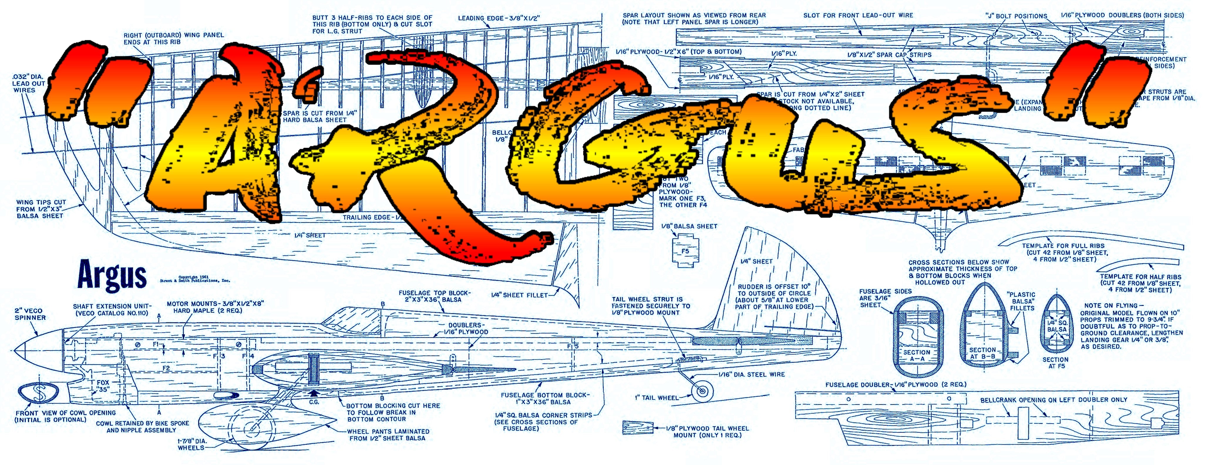 full size printed plans and article w/s 50" .35 engine argus classic stunt