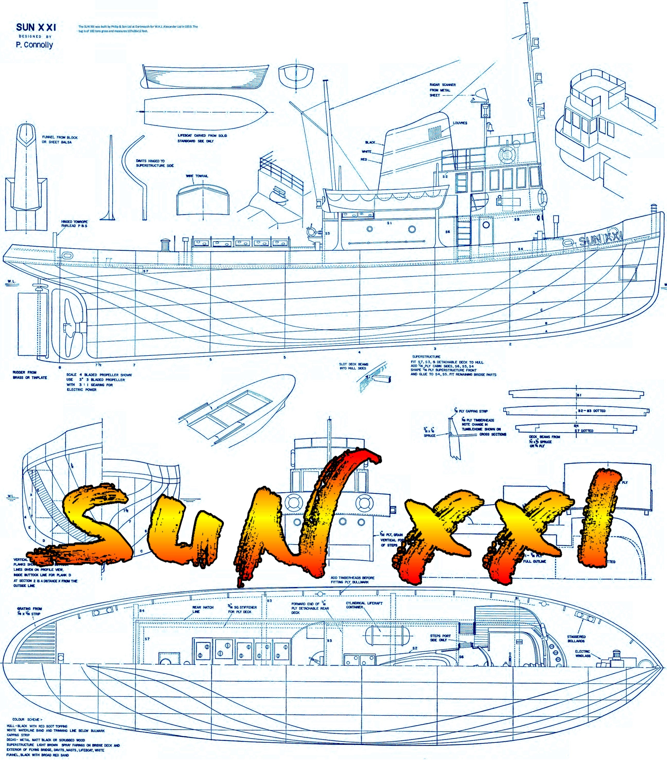 full size printed plan vintage 1966 modern tug model scale 1/3 in. to 1 ft. "sun xxi" for radio control